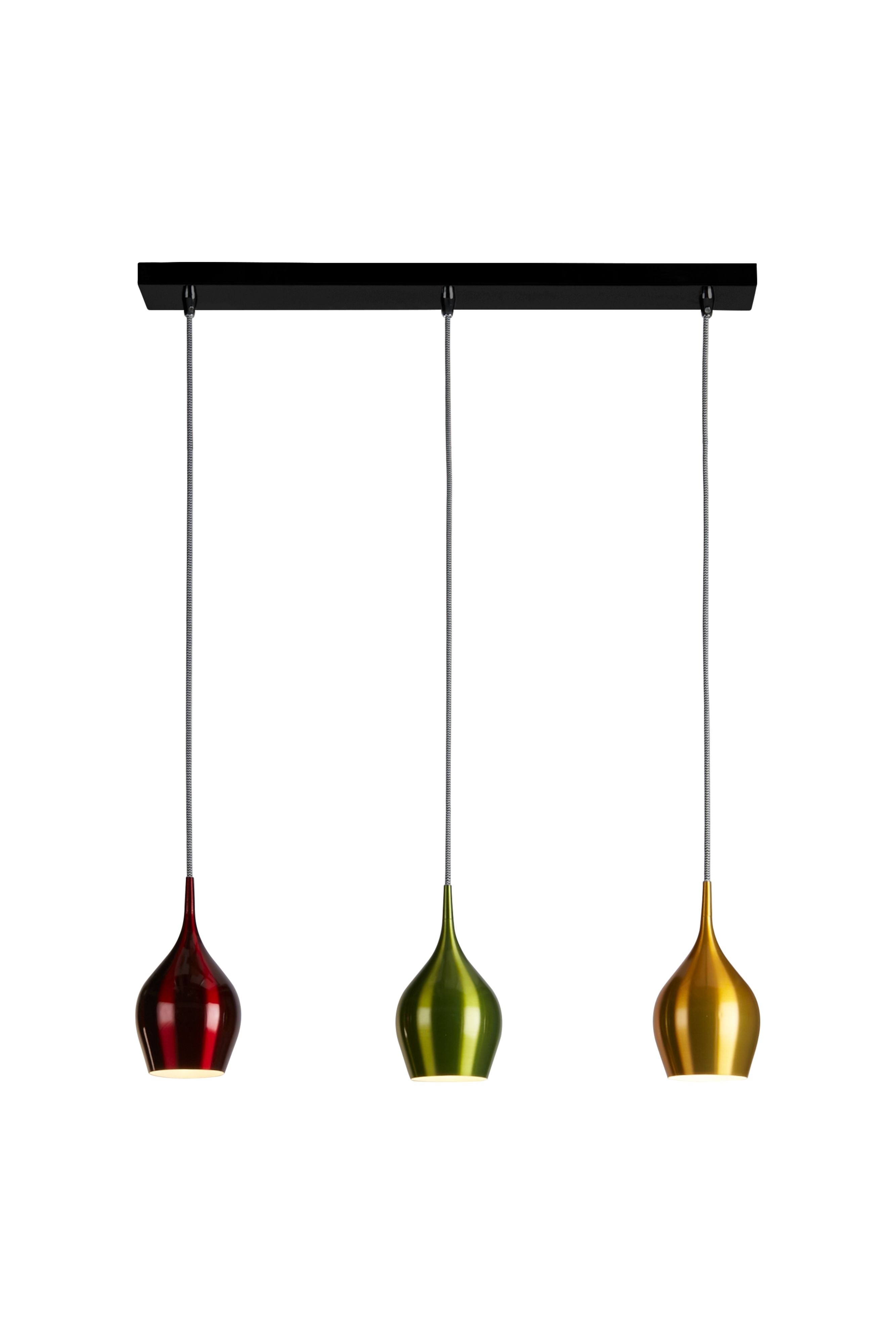 Searchlight Vibrant 3 light bar pendant, full studio shot showing red, green and gold gloss teardrop shades on grey cables from a black ceiling bar