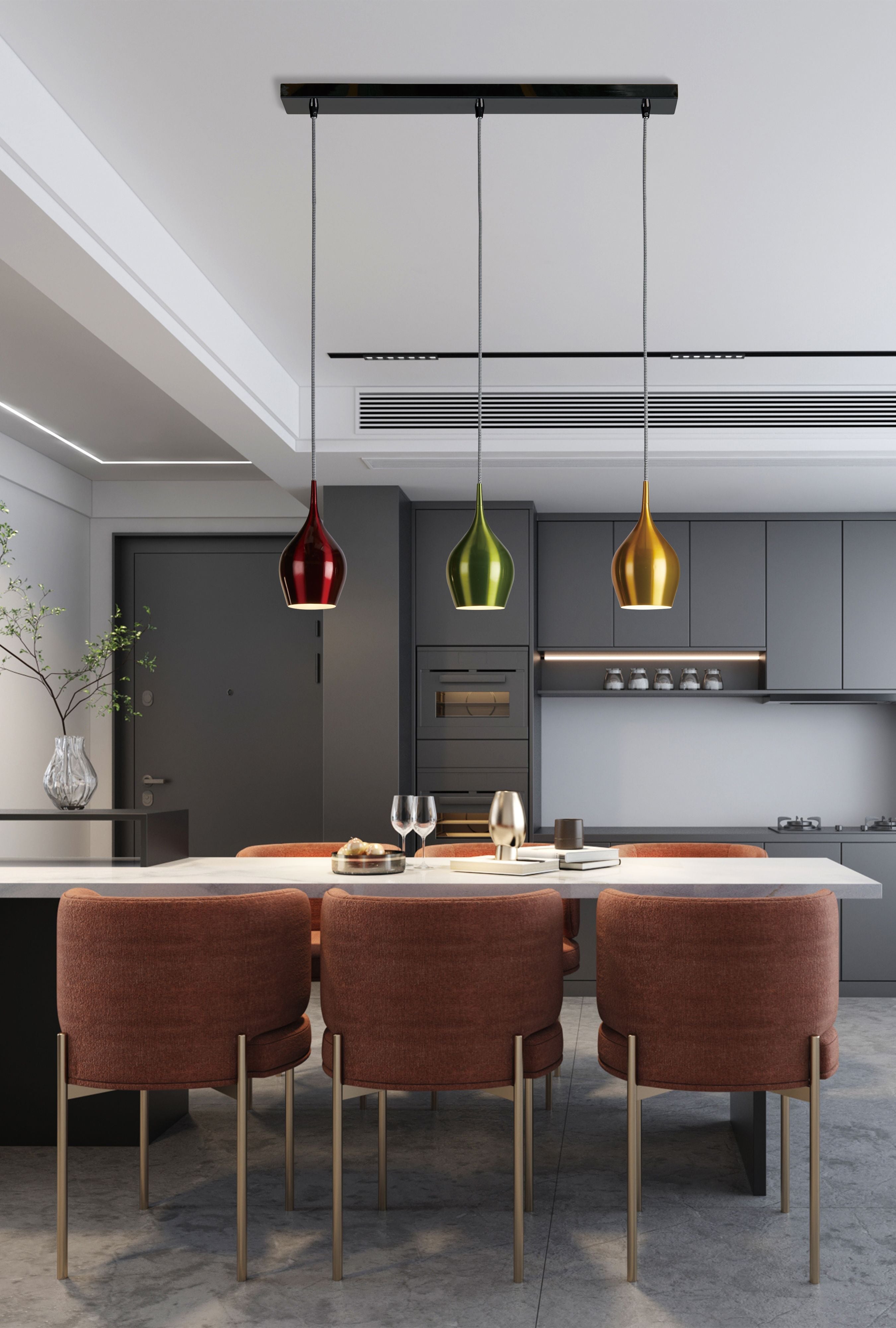 Searchlight Vibrant 3 light bar pendant hanging above a marble topped kitchen island with terracotta upholstered chairs in a dark grey kitchen