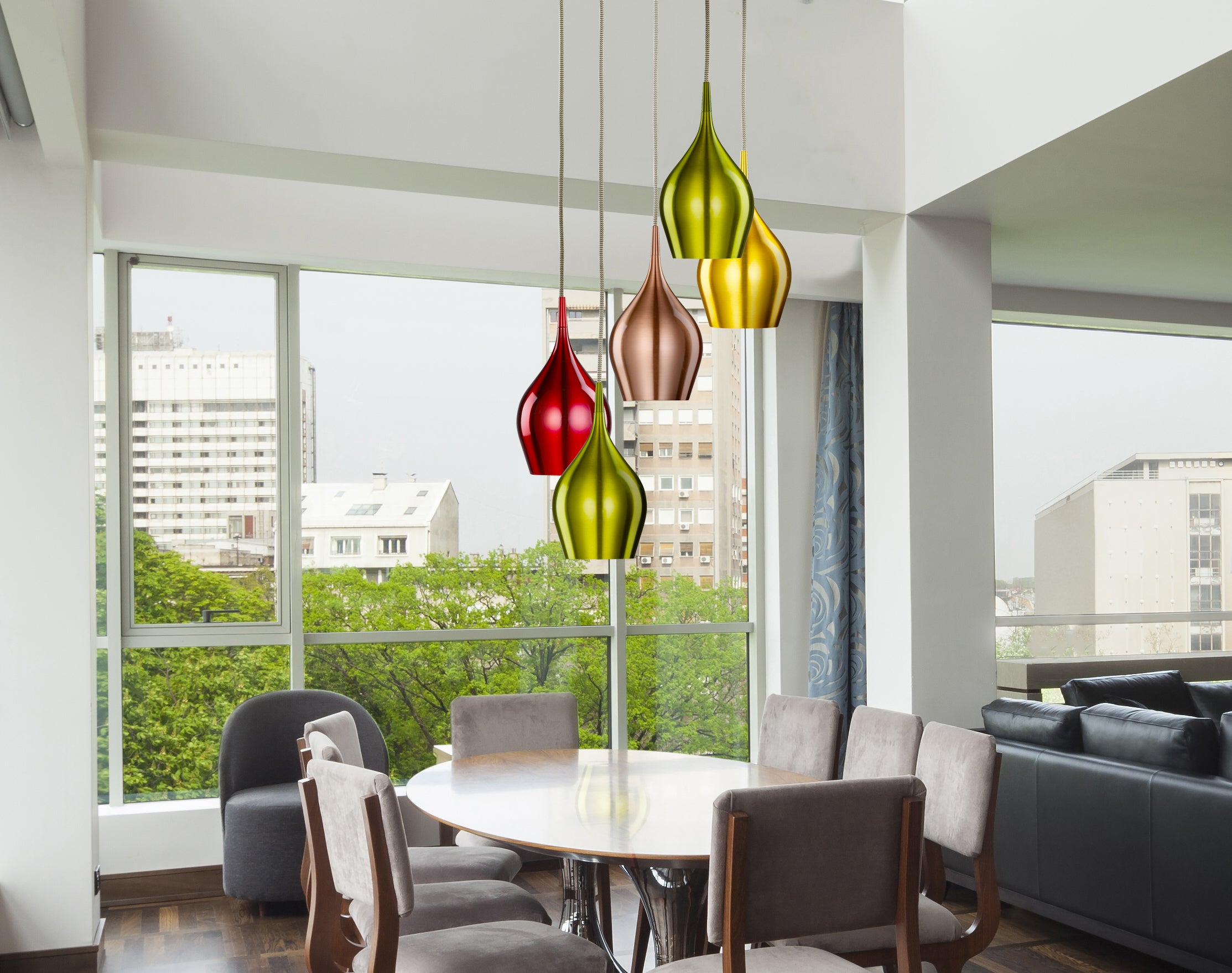 Searchlight Vulcan 5 Light Multi - Drop Coloured (Red, Green, Gold, Copper) Shades