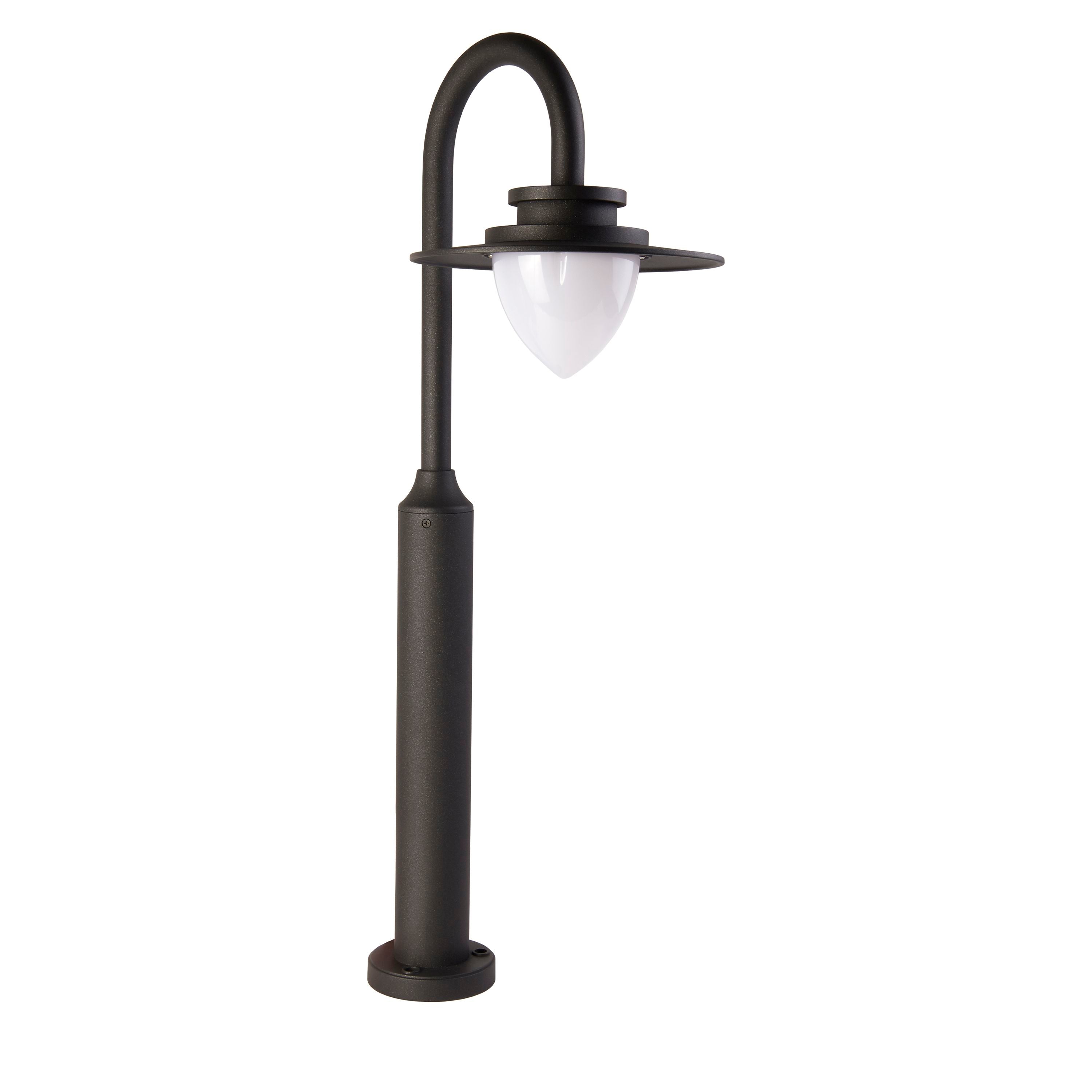 Searchlight Texas outdoor bollard light in graphite, studio shot of the full post showing the curved gooseneck head and downward facing white opal diffuser, unlit