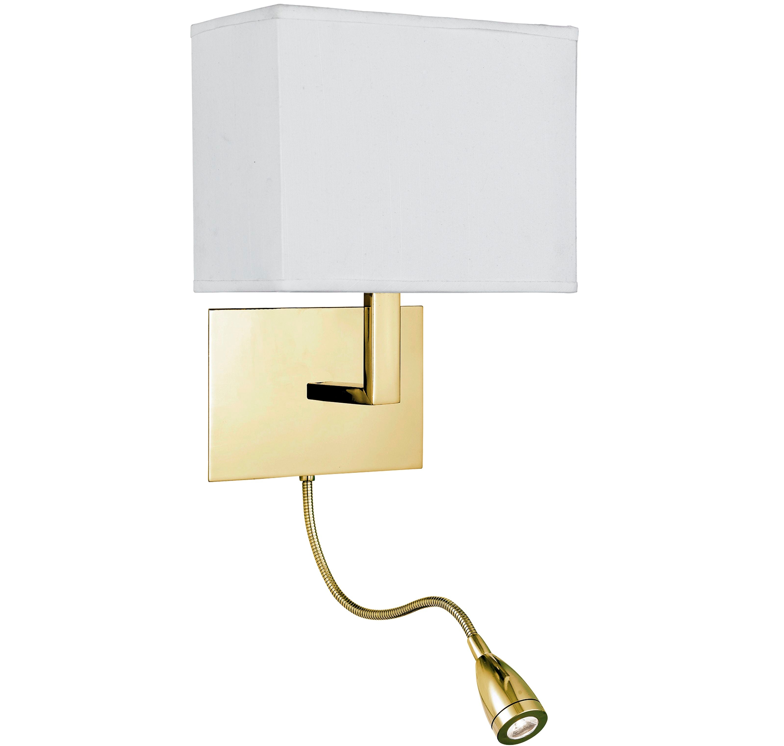 Searchlight Hotel Wall Light in satin brass with a white fabric shade and a flexible reading arm with an integrated LED spotlight