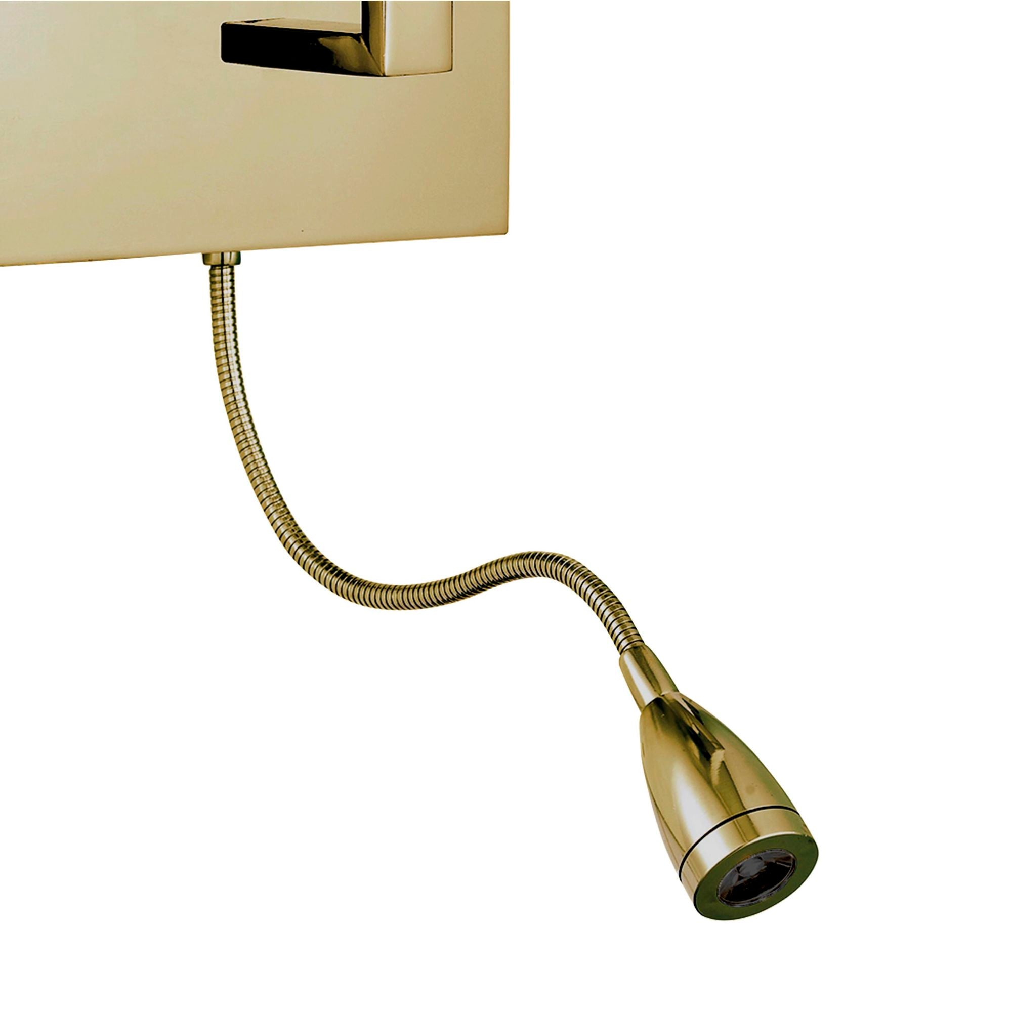 Close up of the flexible gooseneck reading arm and integrated LED spotlight on the Hotel wall light in satin brass