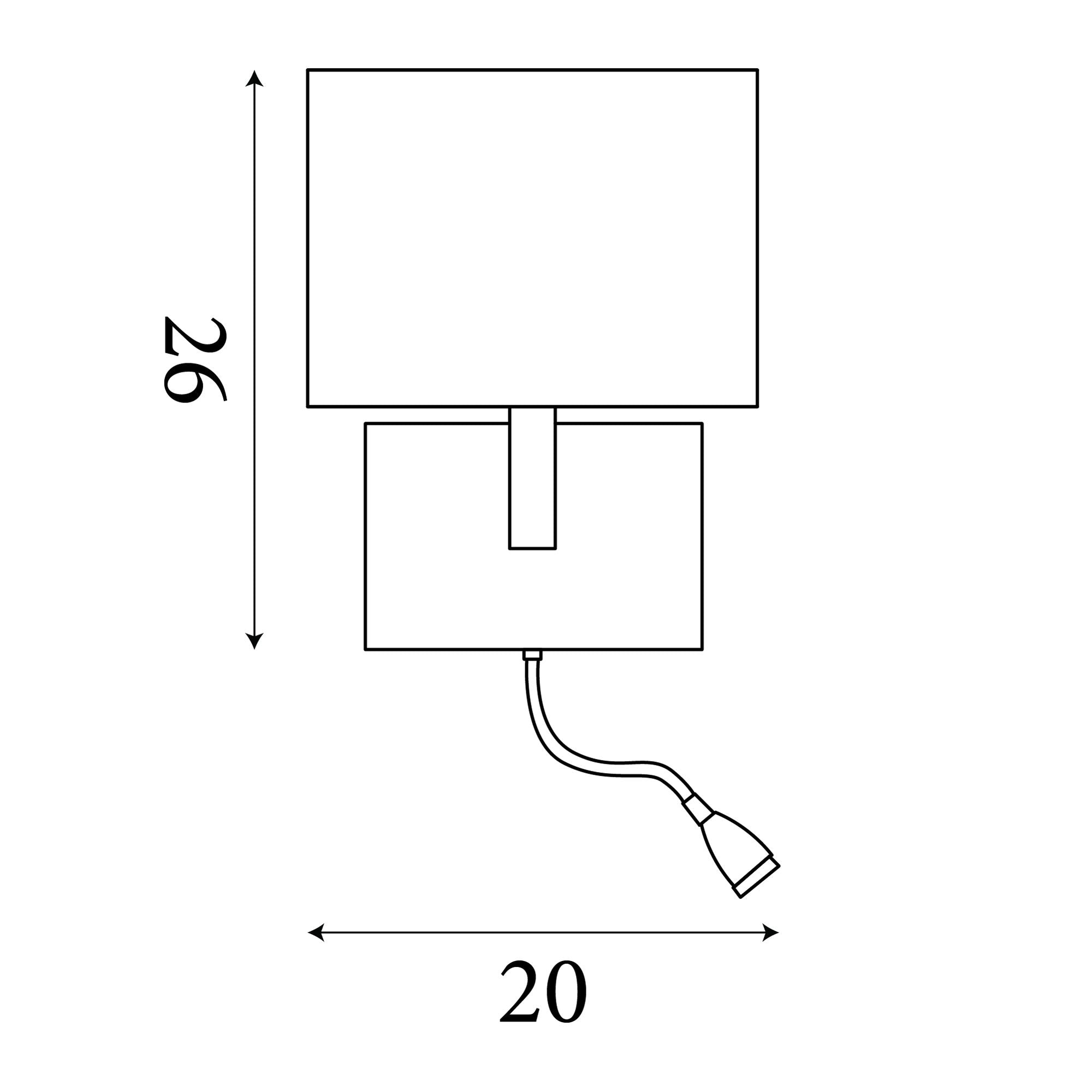Technical drawing of the Searchlight Hotel Wall Light with reading arm showing dimensions of 26cm height and 20cm width