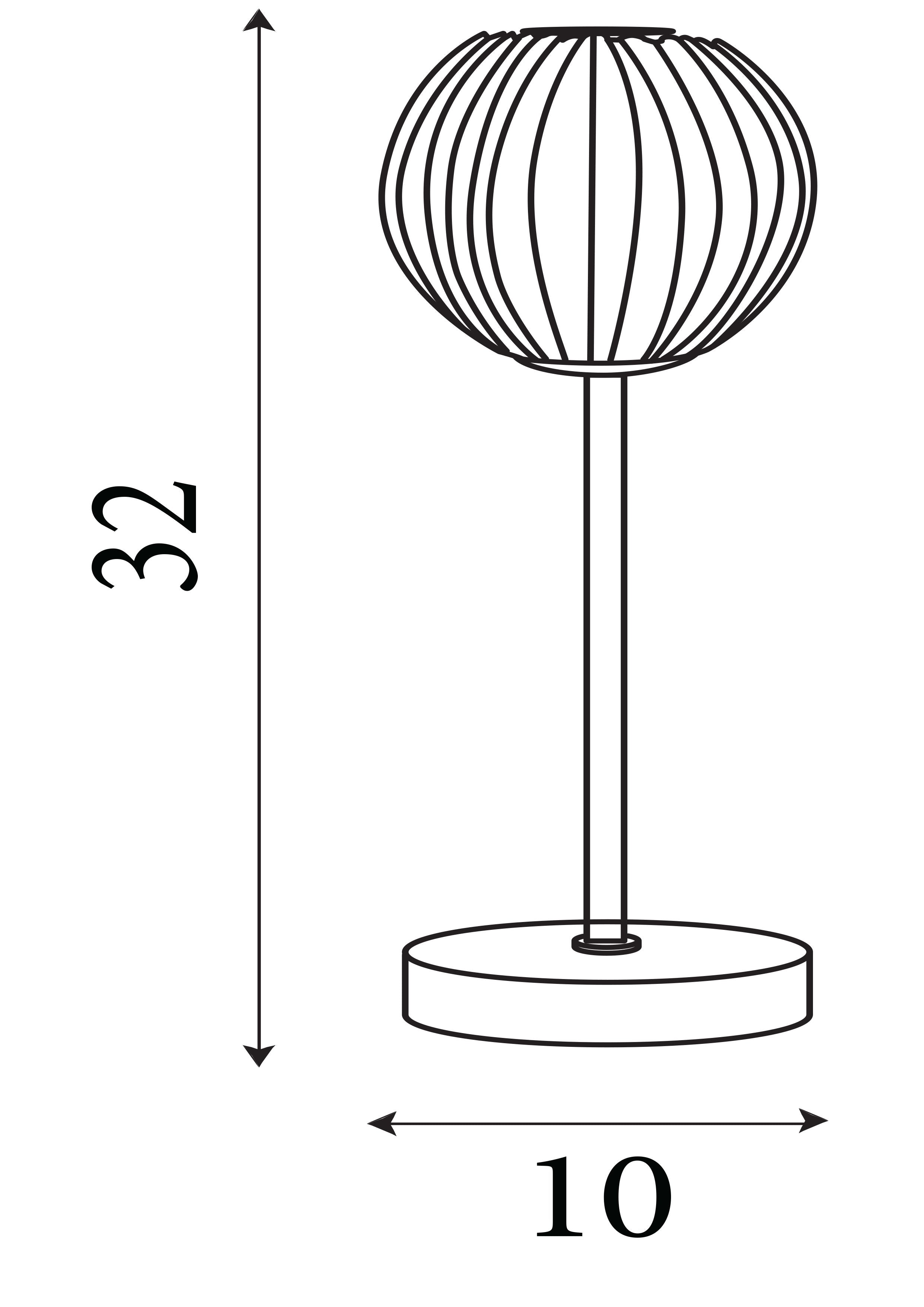 Technical drawing of the Blossom table lamp showing a 10cm wide base and 32cm overall height
