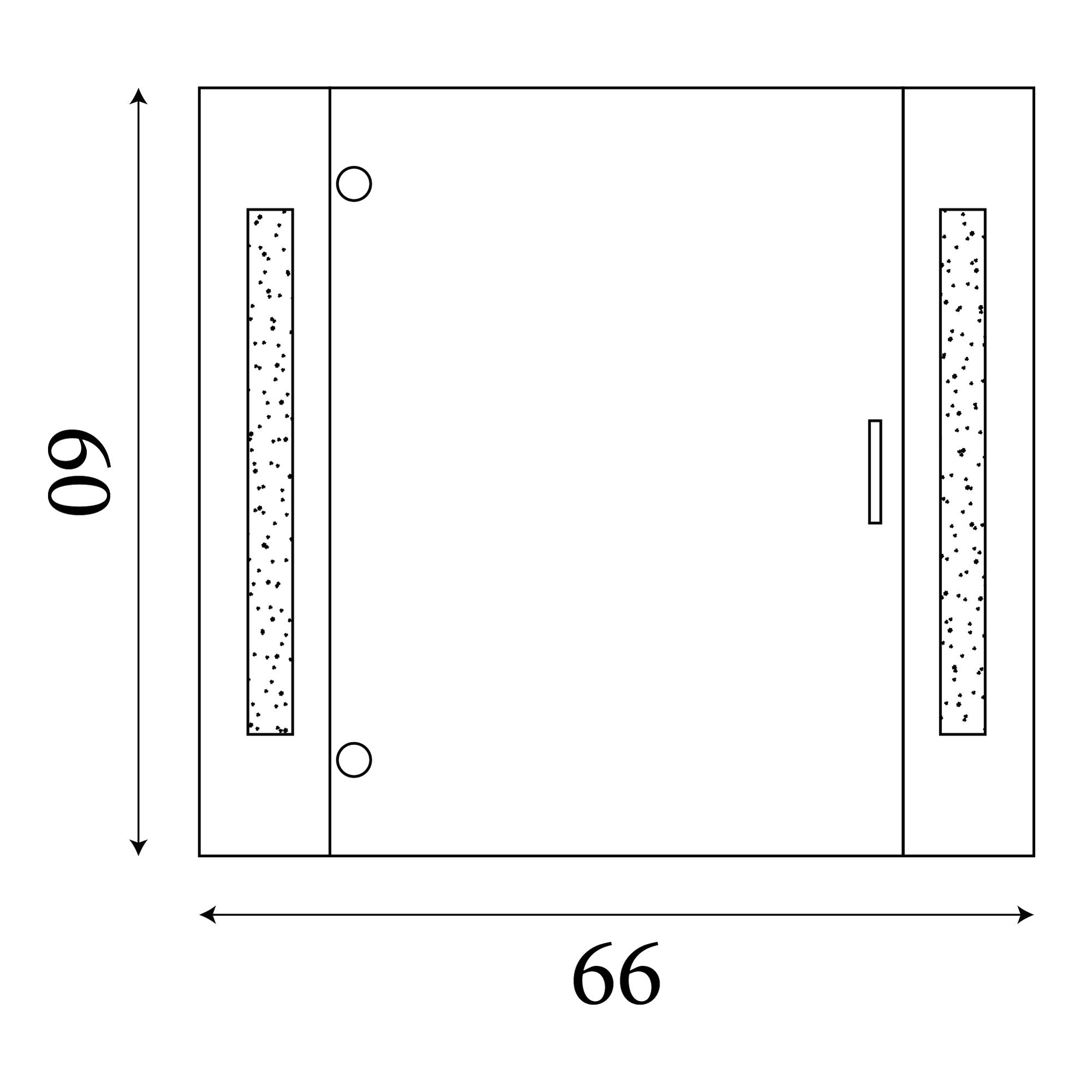 Line drawing of the Searchlight mirror cabinet showing 66cm width and 60cm height, with hinge, handle and side light strip positions marked