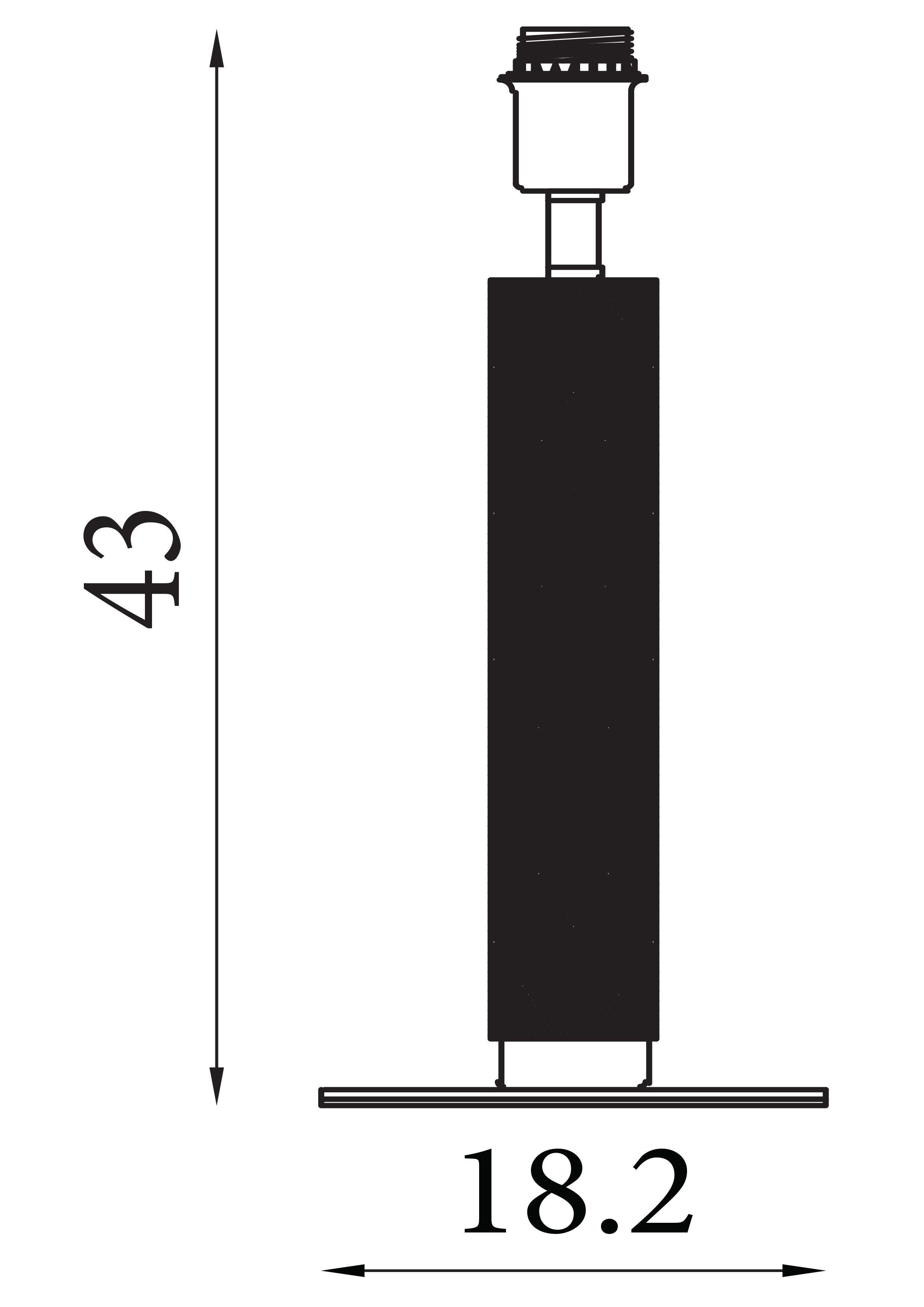 Line drawing of the London table lamp's column and base showing a height of 43cm and a base diameter of 18.2cm