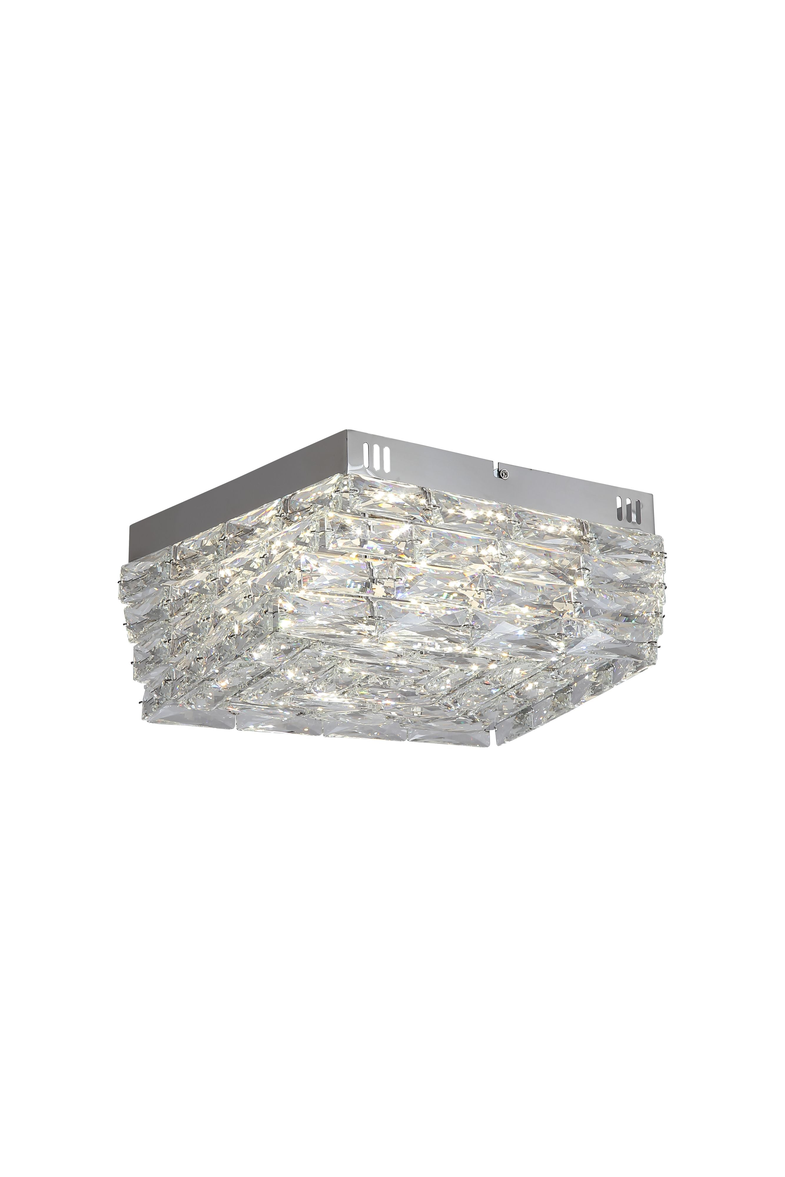 Searchlight Modena LED Flush ceiling light in chrome and clear crystal, angled studio shot showing the stacked faceted glass fully lit