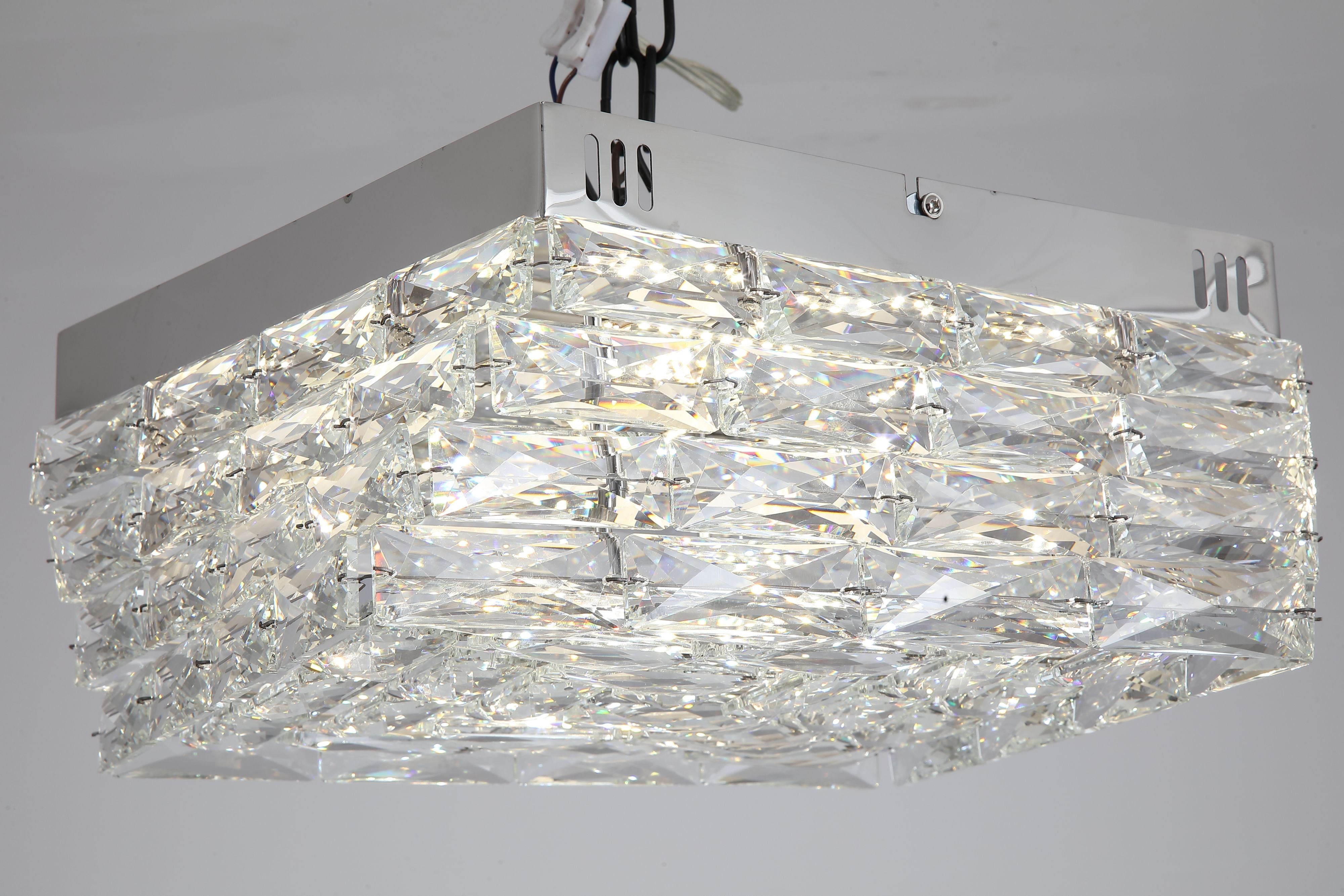 Searchlight Modena LED Flush ceiling light in chrome and clear crystal, close up from below showing the illuminated crystal facets and ceiling wiring