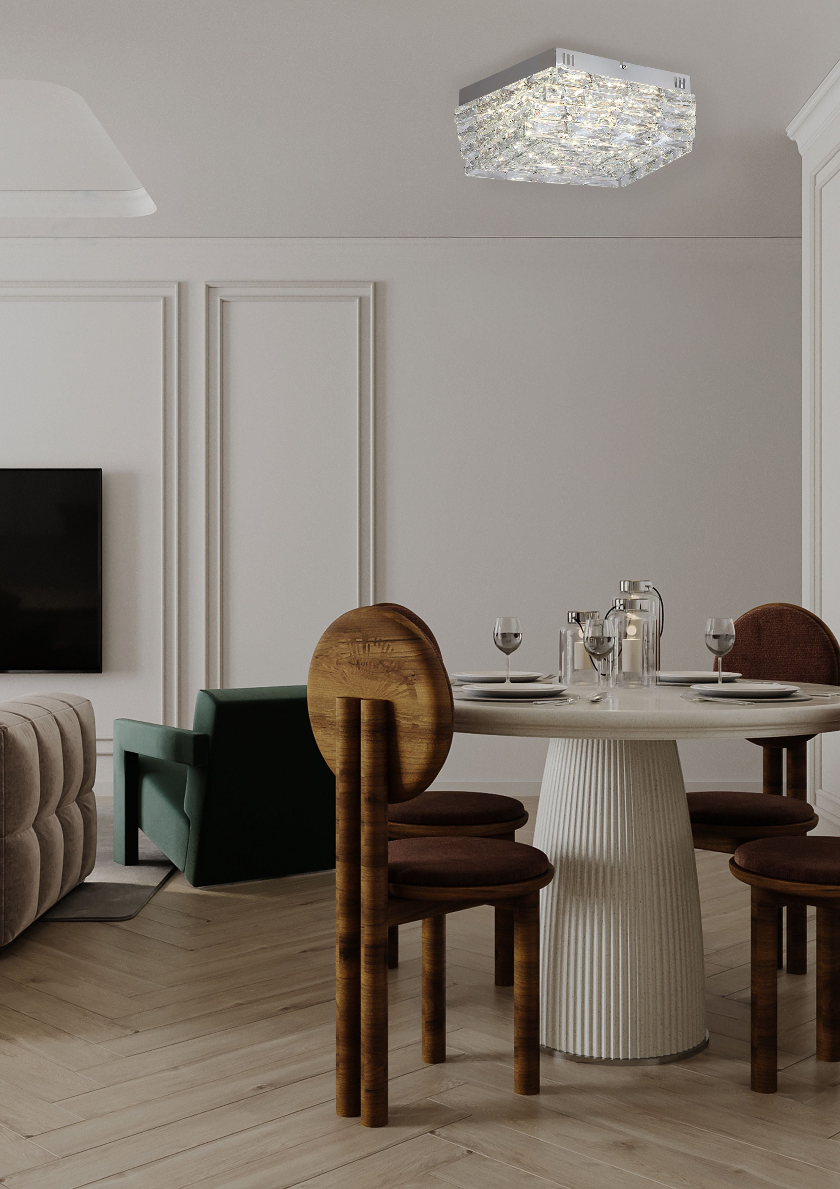 Searchlight Modena LED Flush ceiling light styled above a round dining table in a modern living and dining space