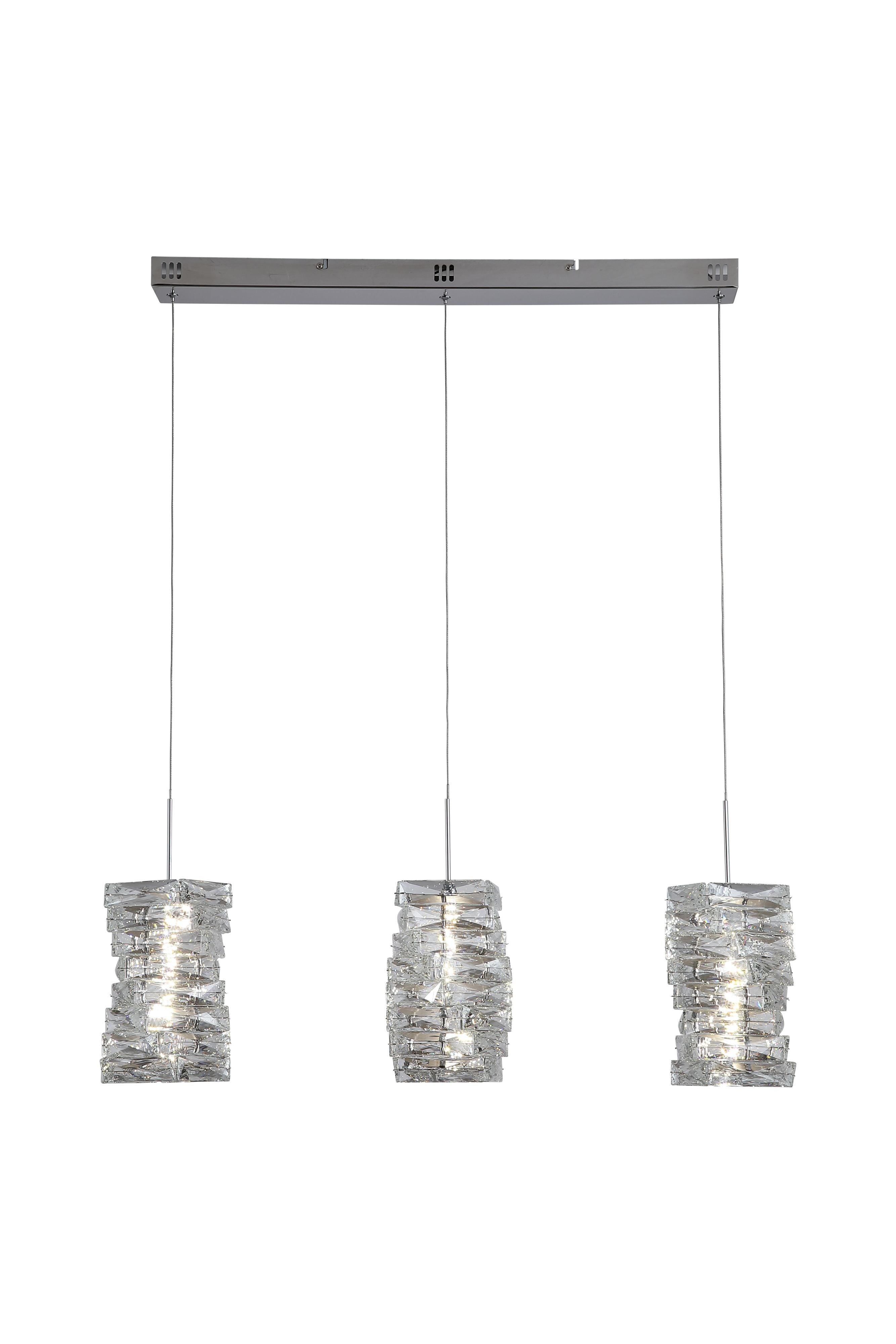Searchlight Modena LED 3 Light Bar Pendant in chrome with clear crystal, full length front view on a white background showing the three crystal cylinder shades hanging from the chrome bar
