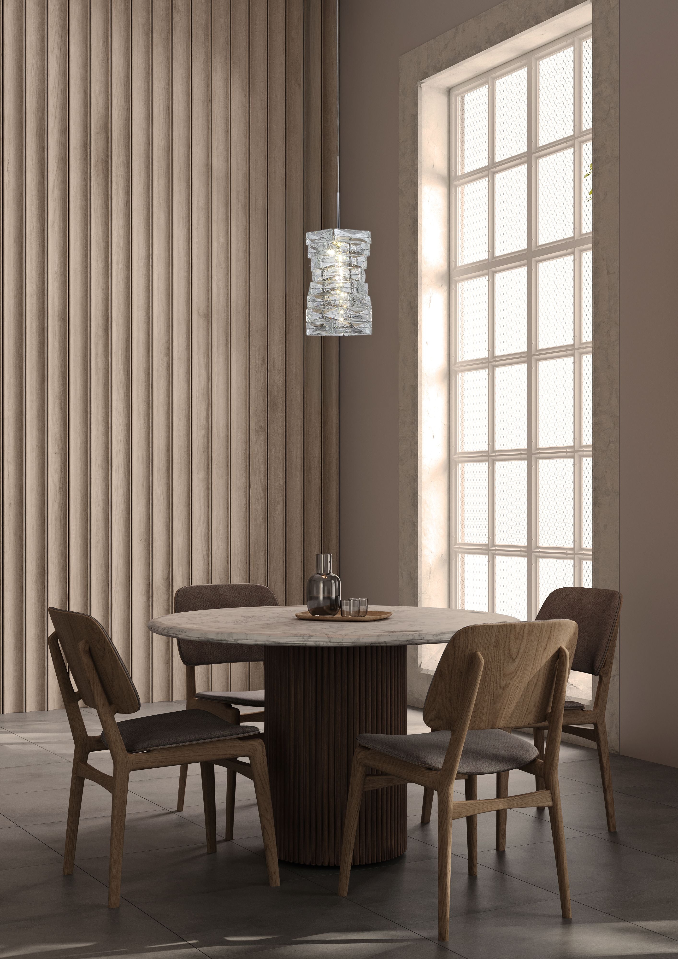 Searchlight Modena LED Pendant styled above a round dining table against a wood panelled wall