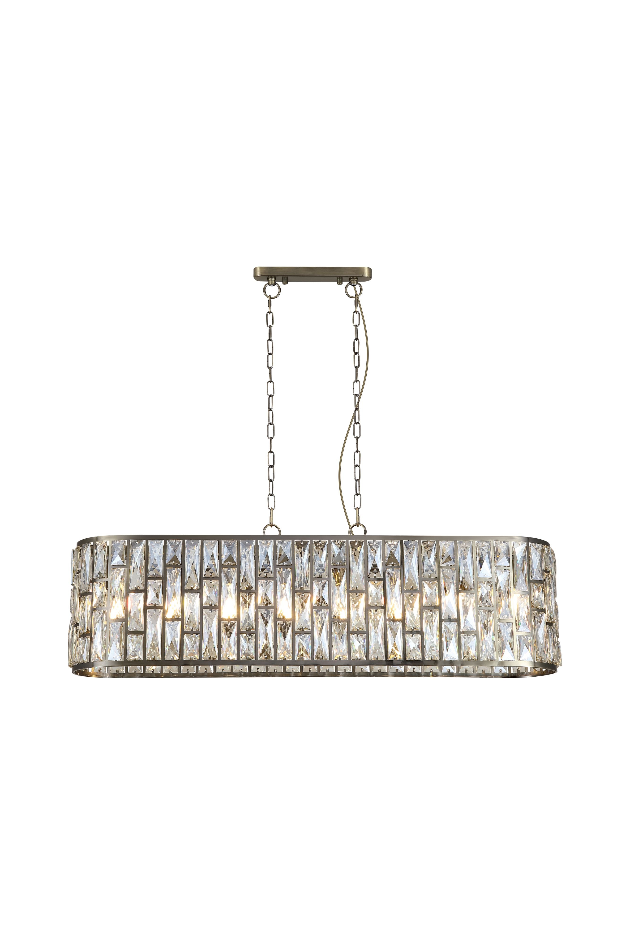 Searchlight Bijou 8 Light Oval Diner Pendant in antique brass and champagne glass, full studio shot showing the chain suspension and illuminated glass tiles
