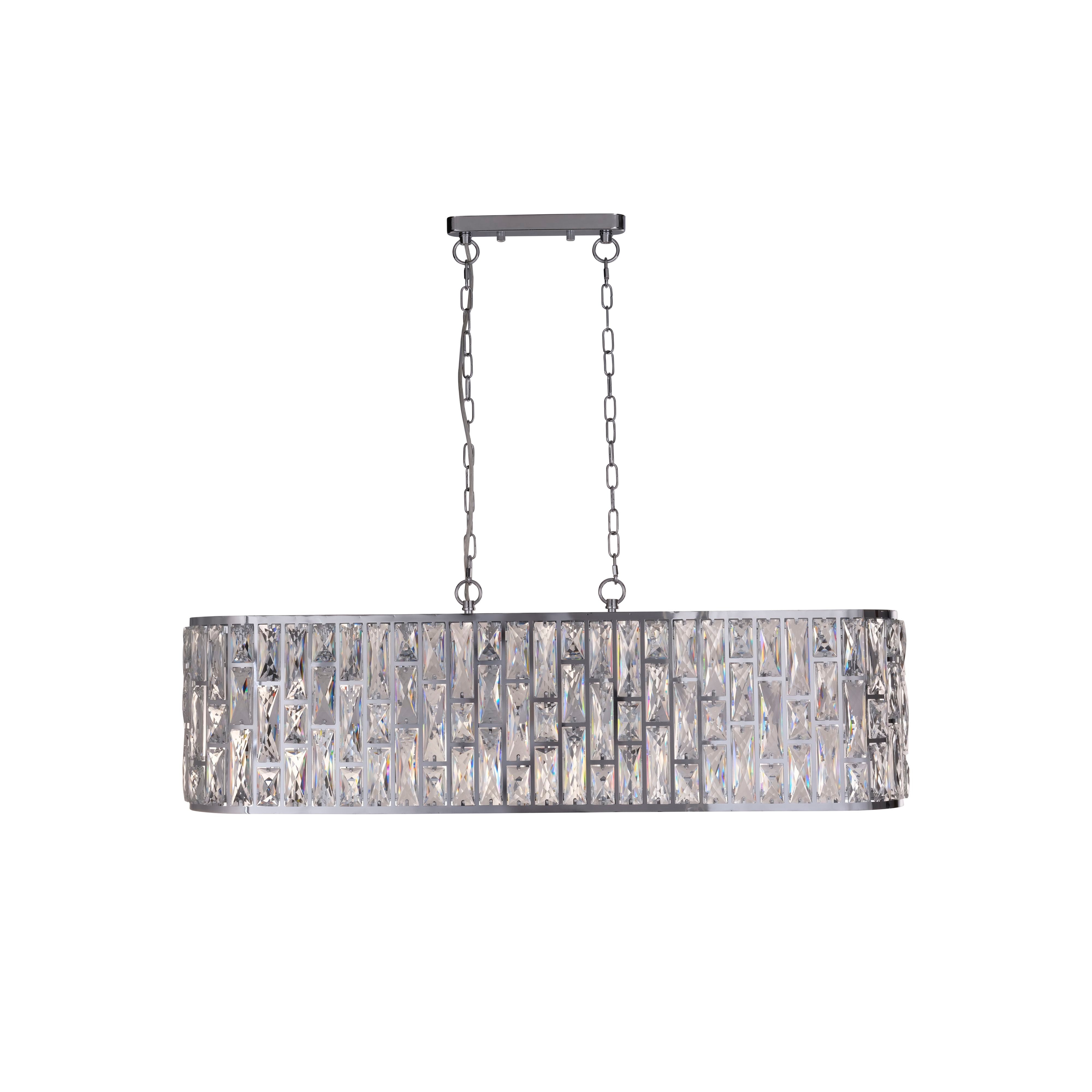 Searchlight Bijou 8 Light Oval Diner Pendant in chrome and clear crystal, front on studio shot showing the full length of the oval frame