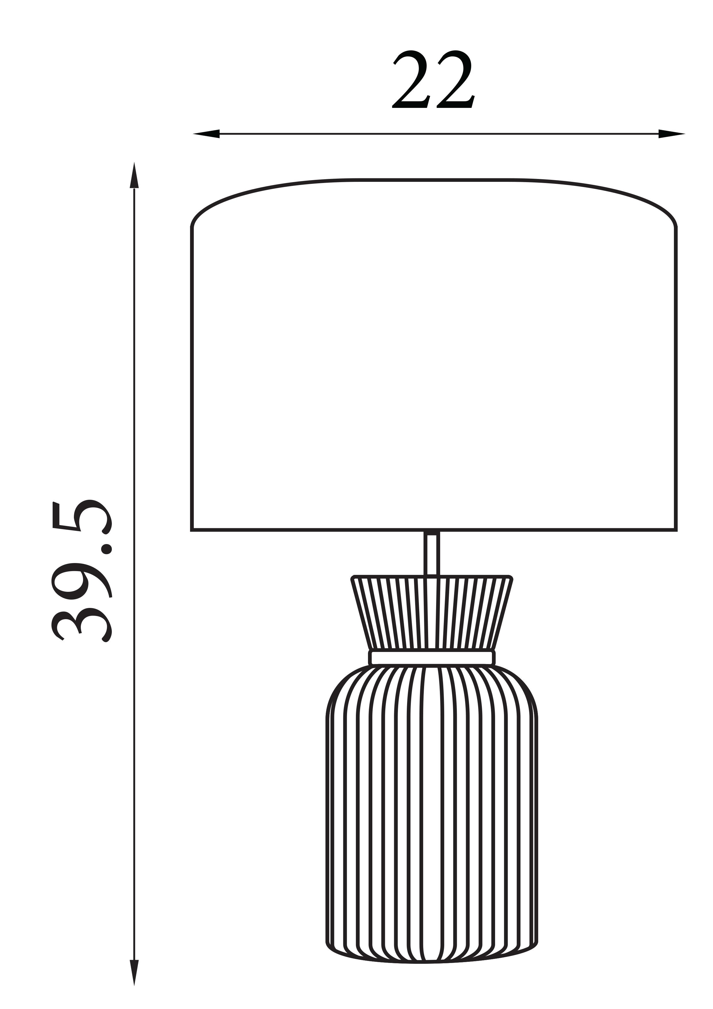 Line drawing of the Tia emerald table lamp showing overall dimensions, 39.5cm tall by 22cm wide including the shade