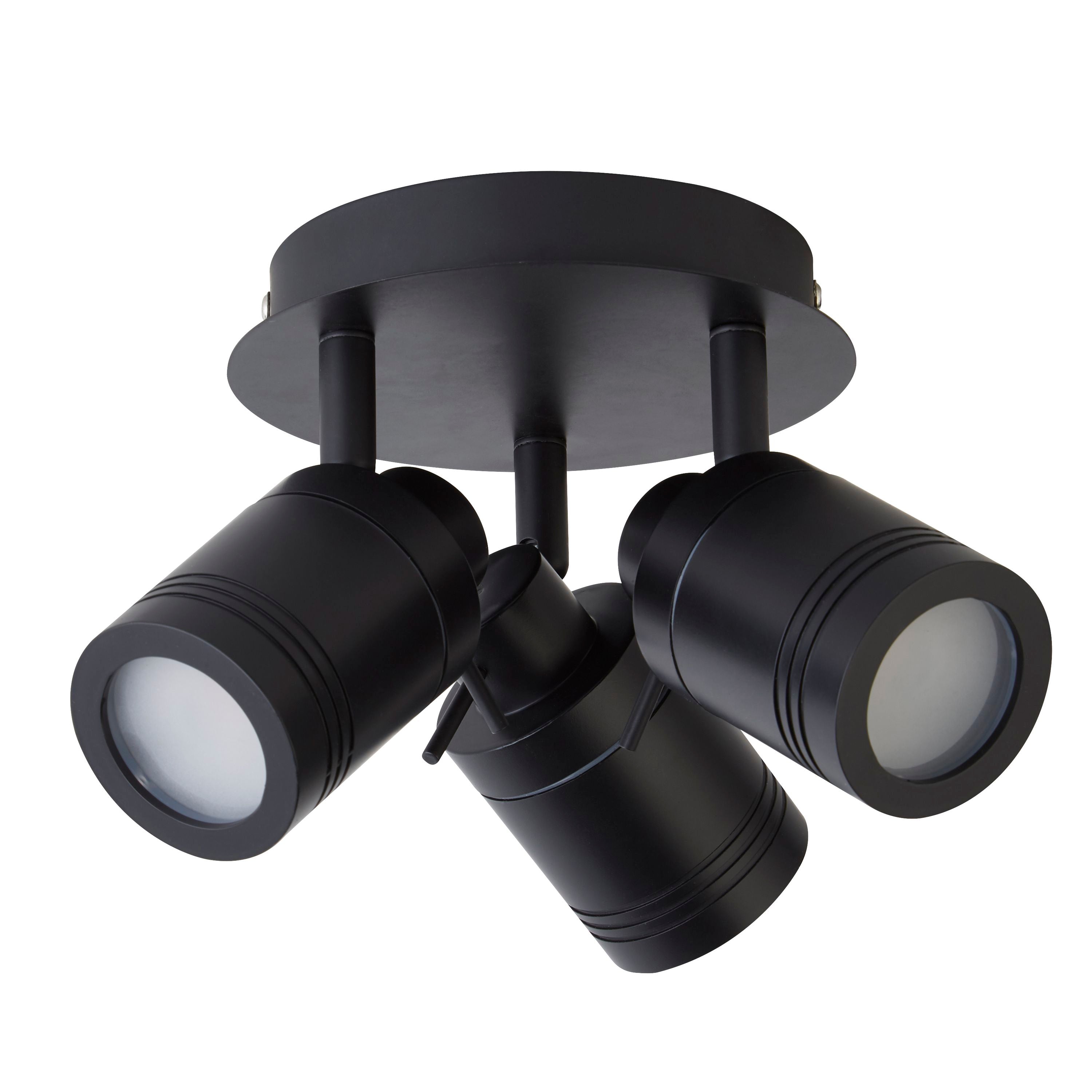 Searchlight Samson 3 light round spotlight in black, front angled view with all three heads lit, studio shot