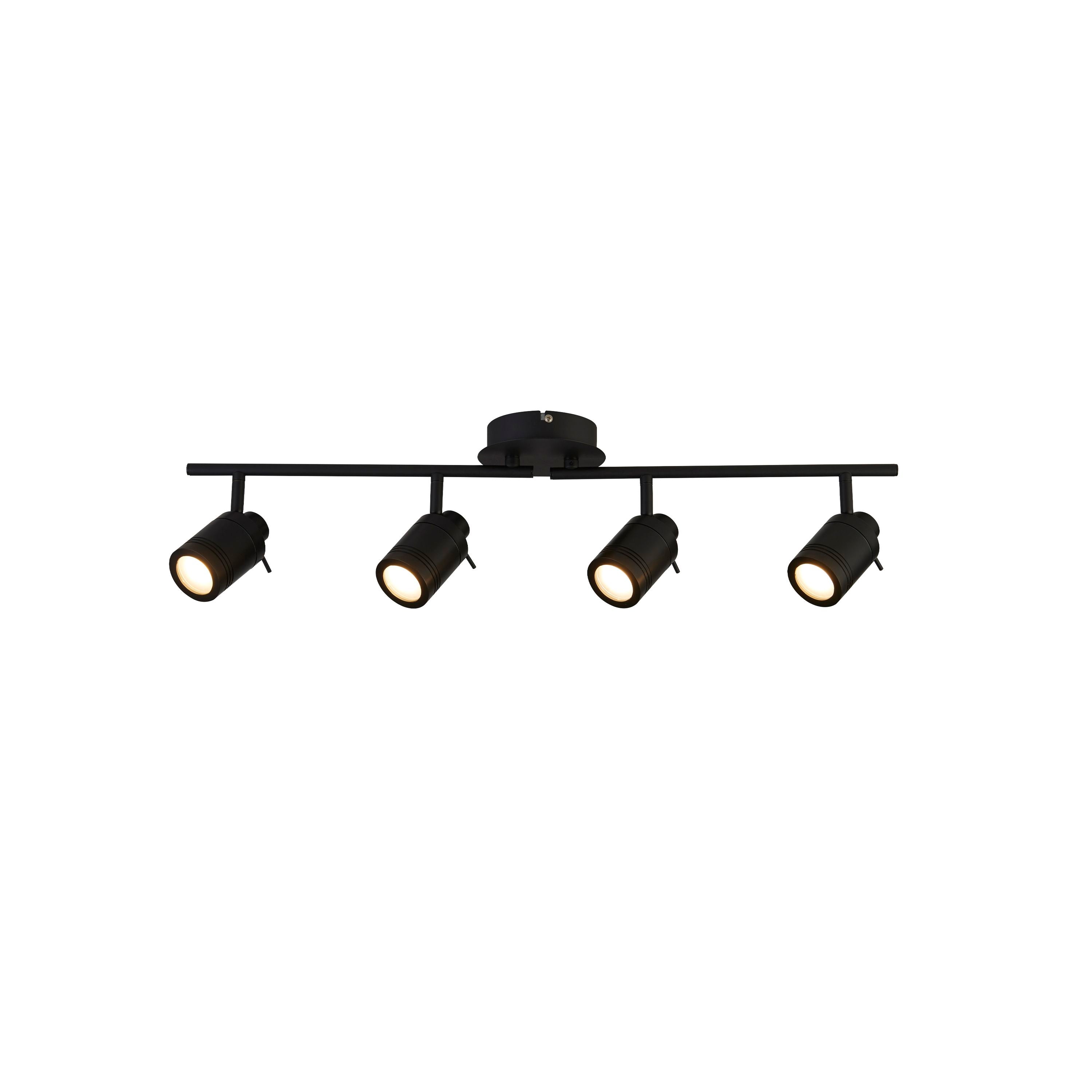 Searchlight Samson 4 light split bar spotlight in black, four adjustable heads on a straight ceiling bar, studio shot