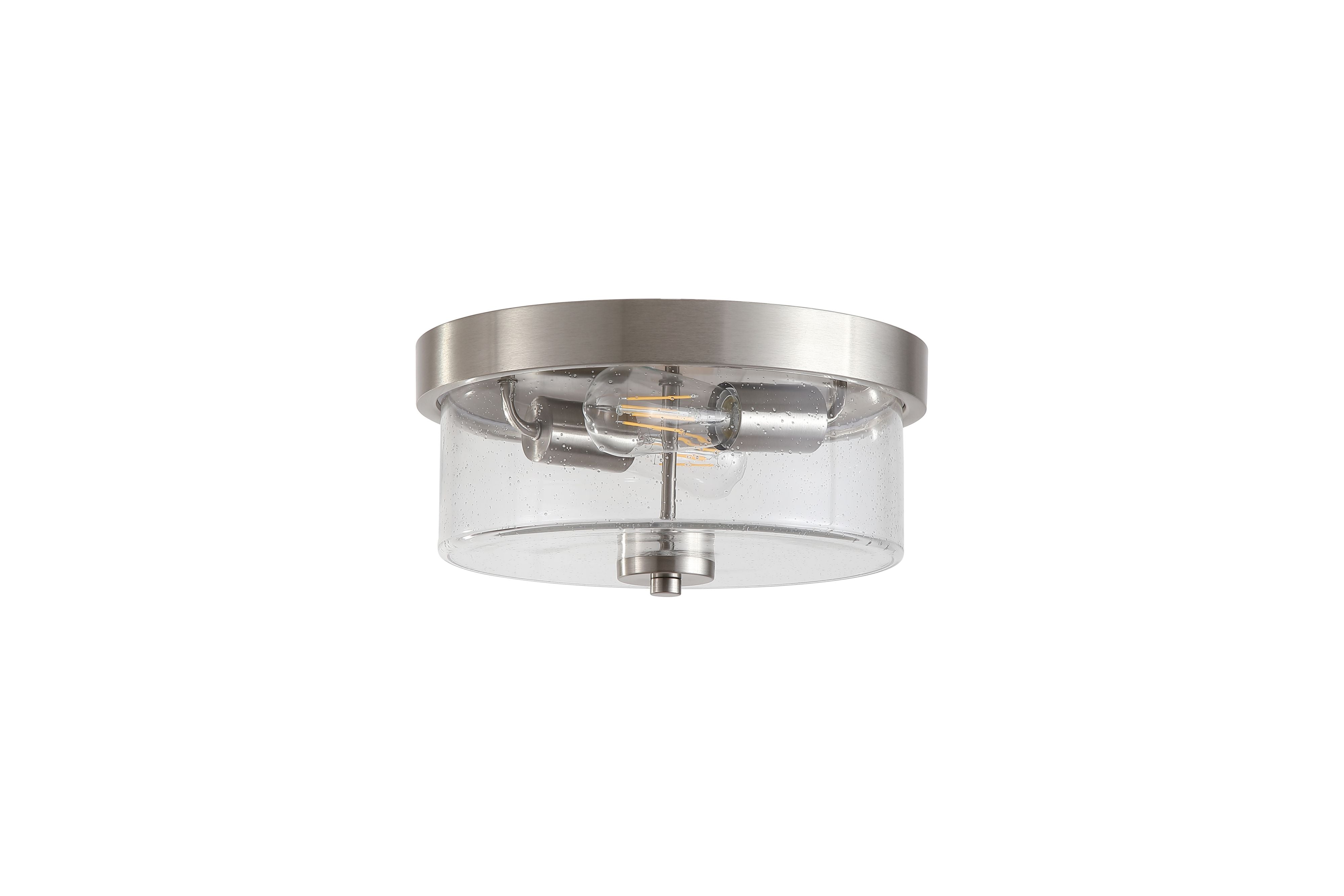 Searchlight Preston 2 light flush ceiling light in satin silver, front on view showing the clear seeded glass drum