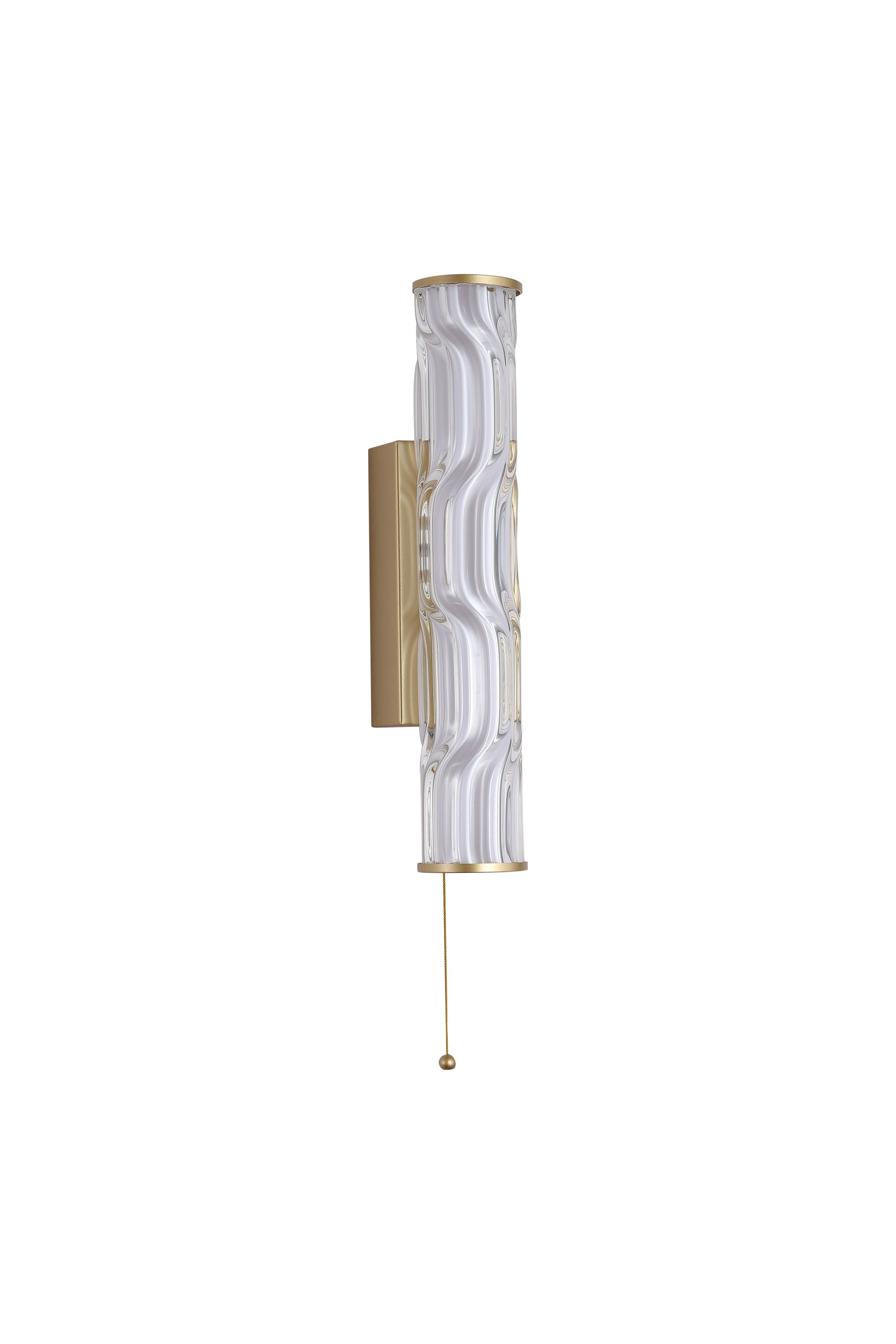 Front on studio shot of the Vibrate LED wall light in matt gold with ridged glass diffuser, pull cord and ball chain visible