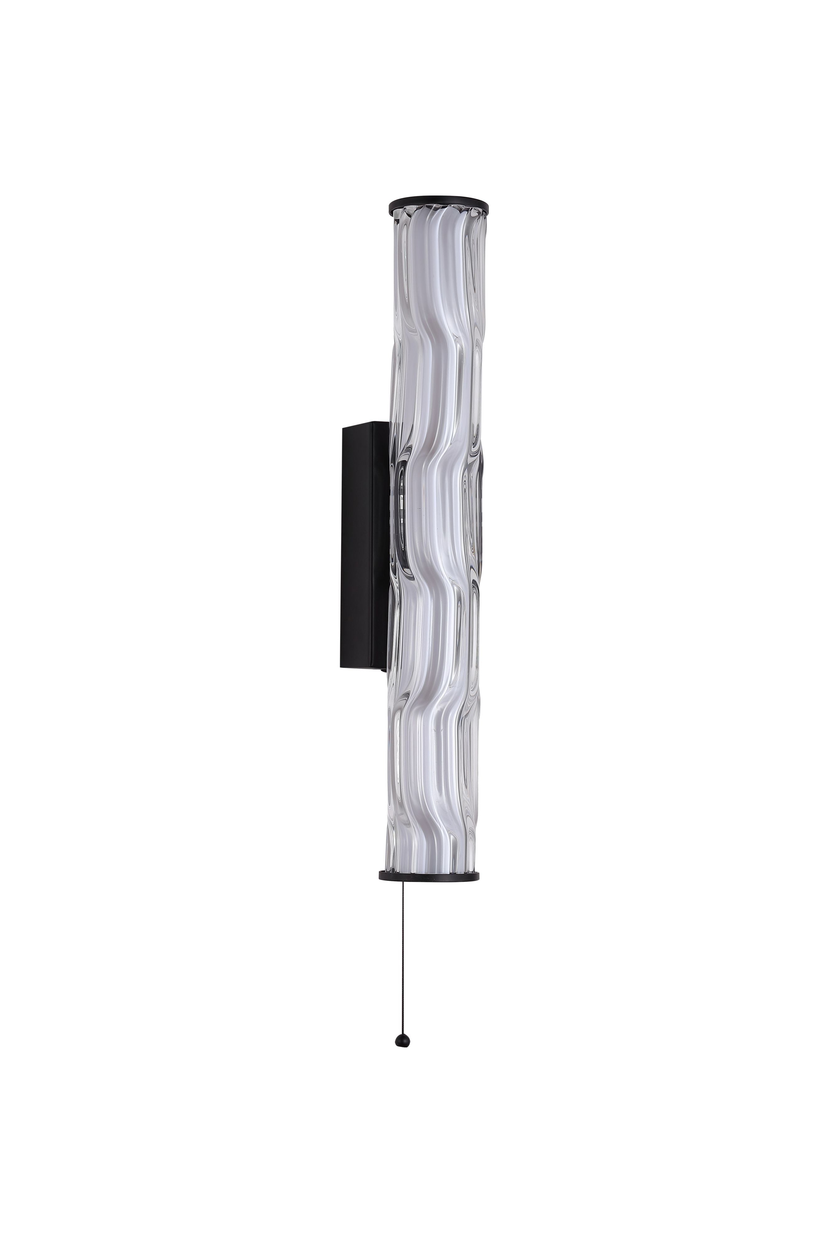 Front on studio shot of the Vibrate LED wall light in matt black with ridged glass diffuser, pull cord and ball chain visible