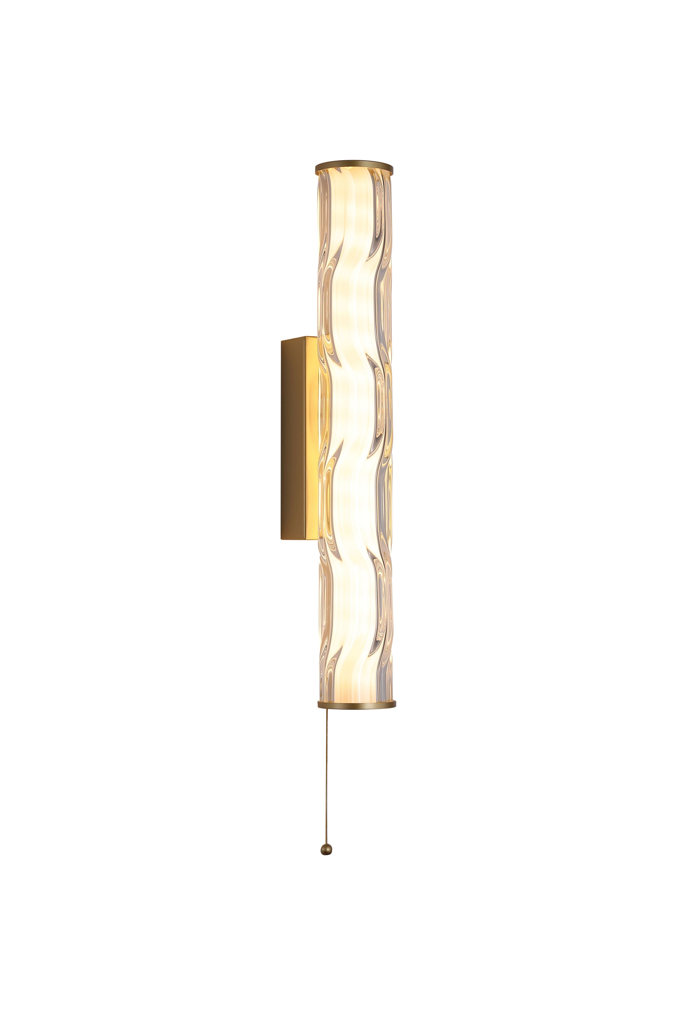 Searchlight Vibrate LED wall light in matt gold, angled studio shot of the 43cm wave ridged glass shade lit warm white with pull cord switch below
