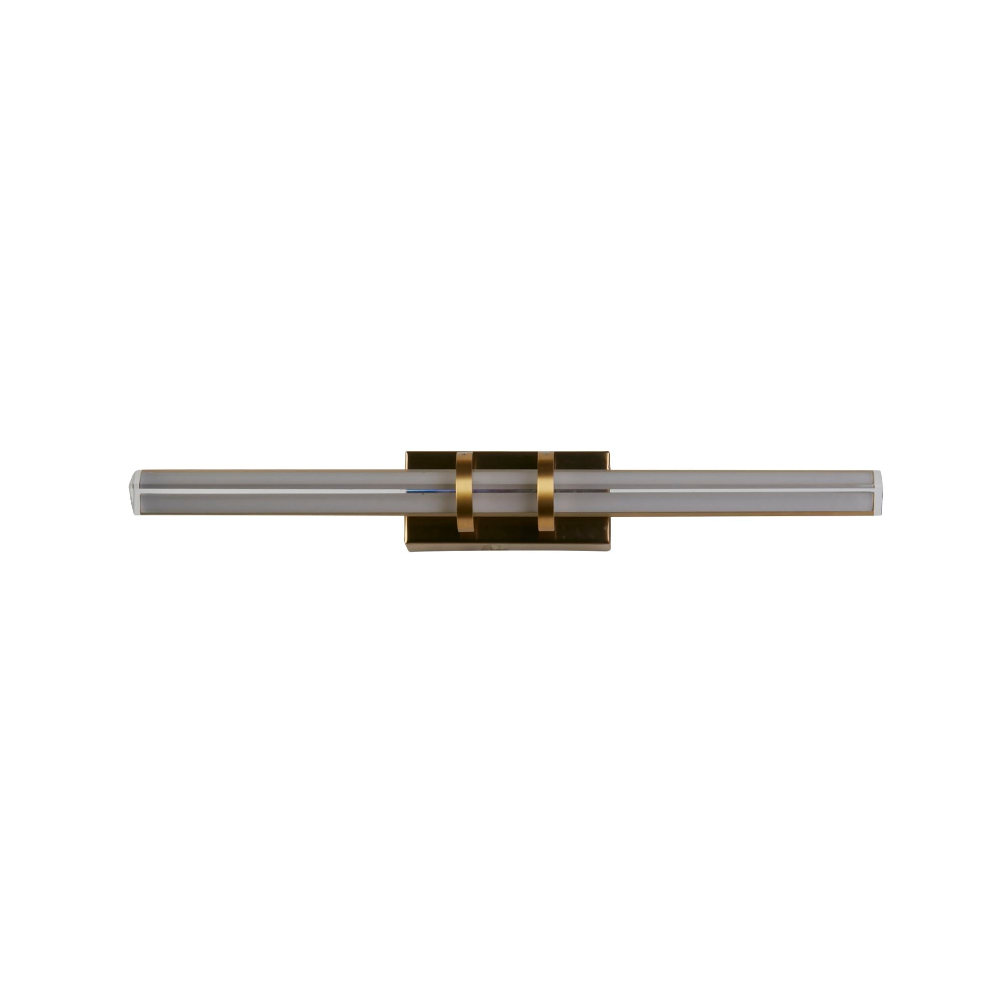 Searchlight Parma LED wall light in satin brass with clear ribbed glass tubes, straight on studio shot - view 2