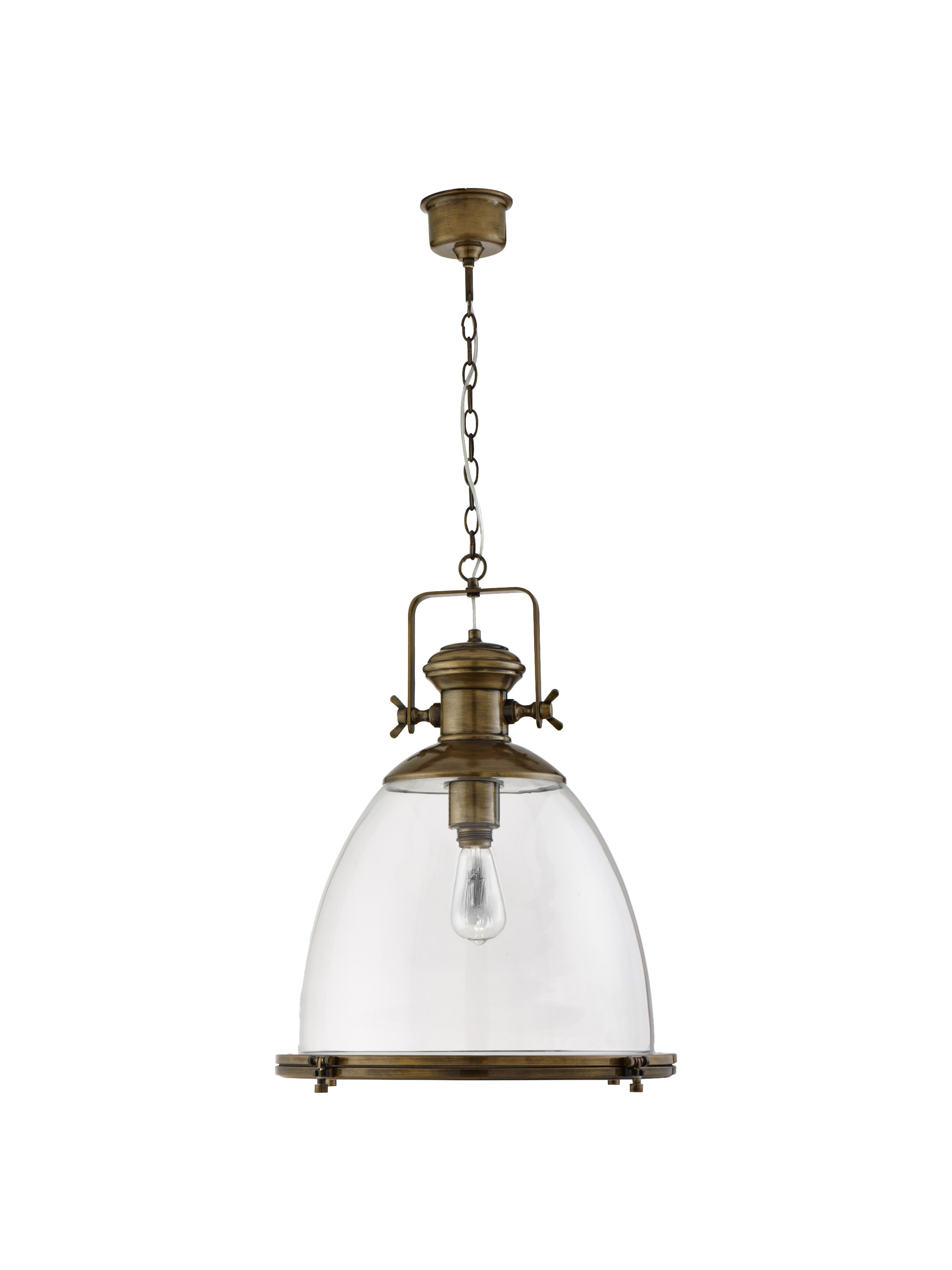 Searchlight Industrial pendant in antique brass and clear glass, studio shot from a slightly different angle showing the ceiling rose and chain