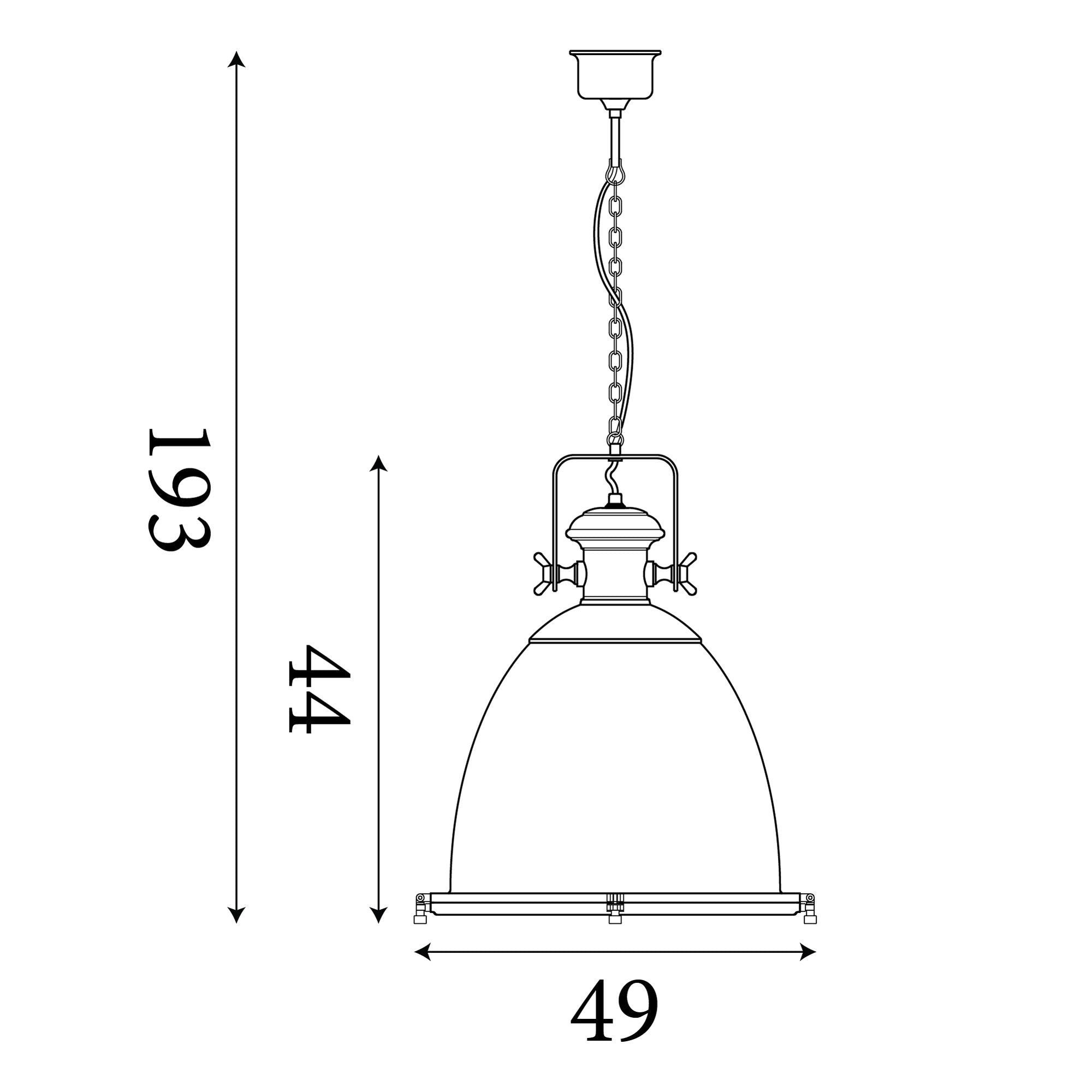 Technical line drawing of the Industrial pendant showing a 49cm width, 44cm shade height and 193cm maximum drop
