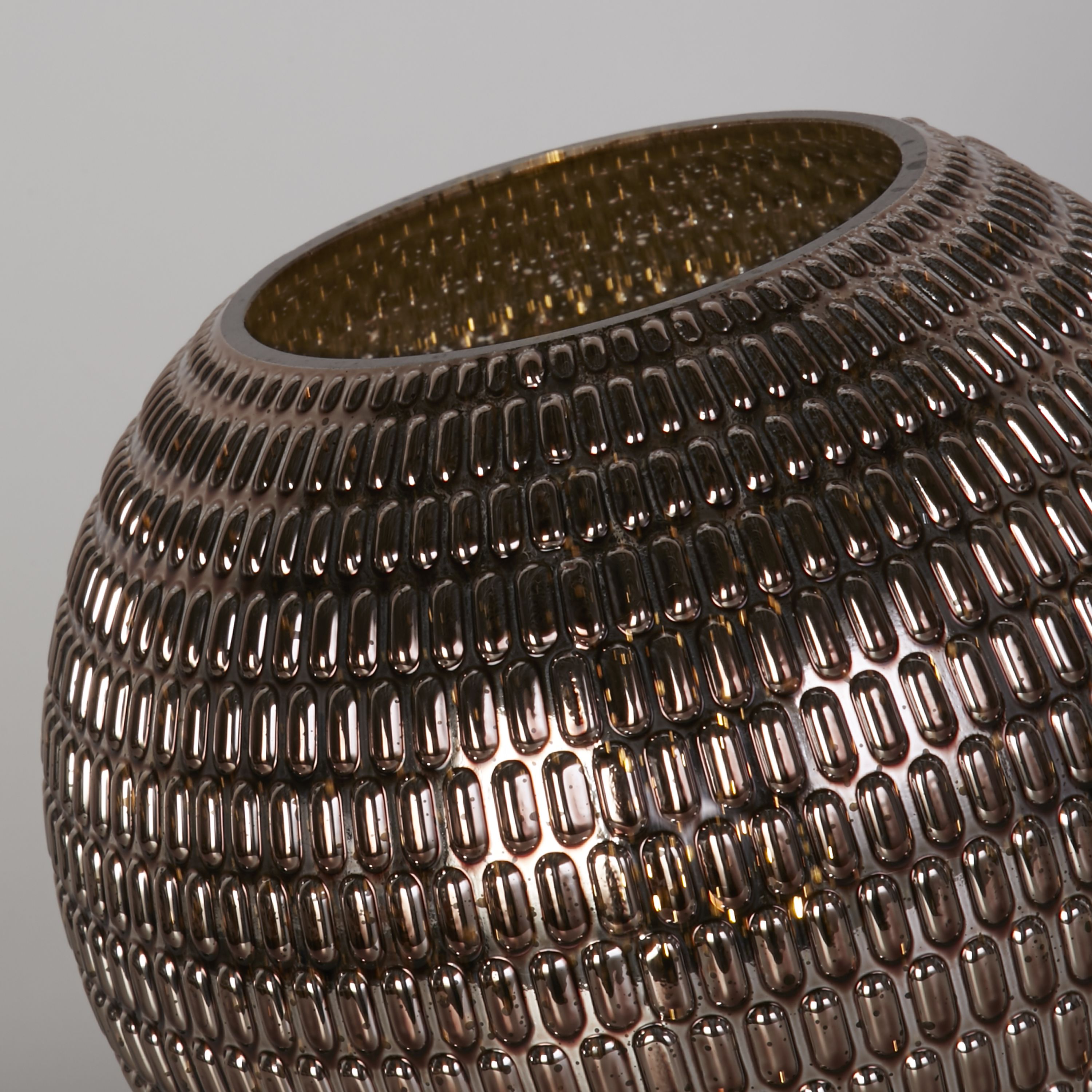 Close up of the Searchlight Mila table lamp showing the beaded, basket weave texture of the brown glass globe