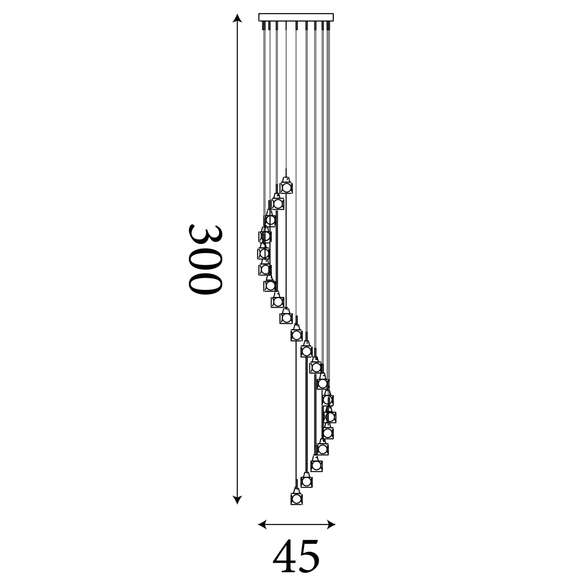 Technical drawing of the Ice Cube 20 Light Multi-Drop Pendant showing a maximum drop of 300cm and a 45cm spread
