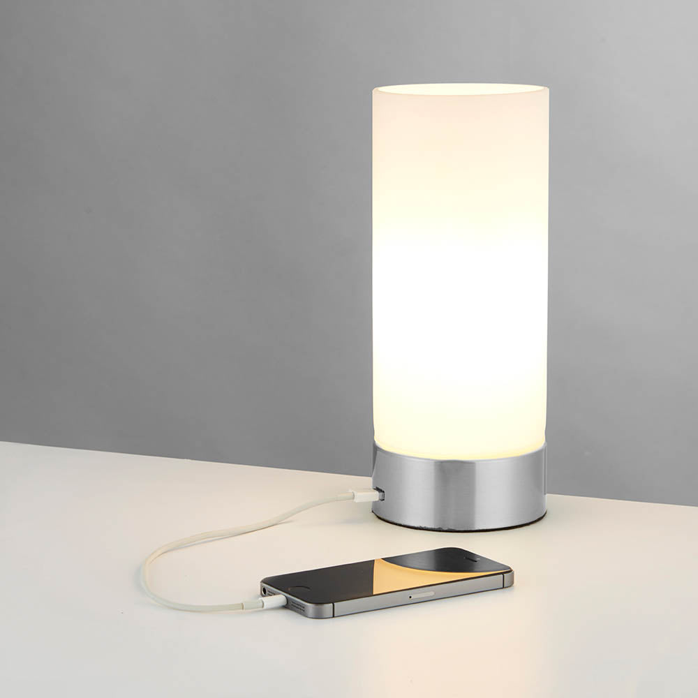 Endon Dara Single Light USB Table Lamp - Brushed Nickel Plate & Opal Glass