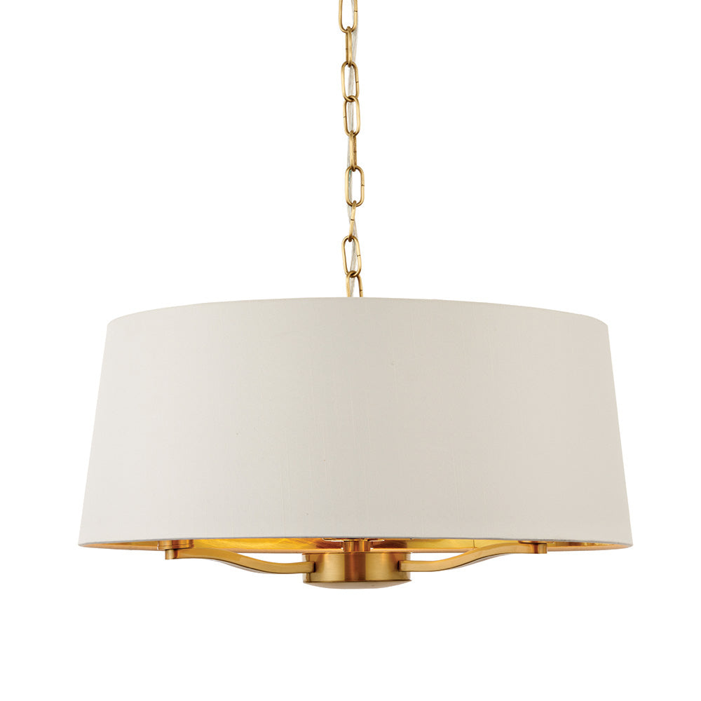 Endon Harvey 3 Light Pendant - Brushed Gold & Vintage White Faux Silk