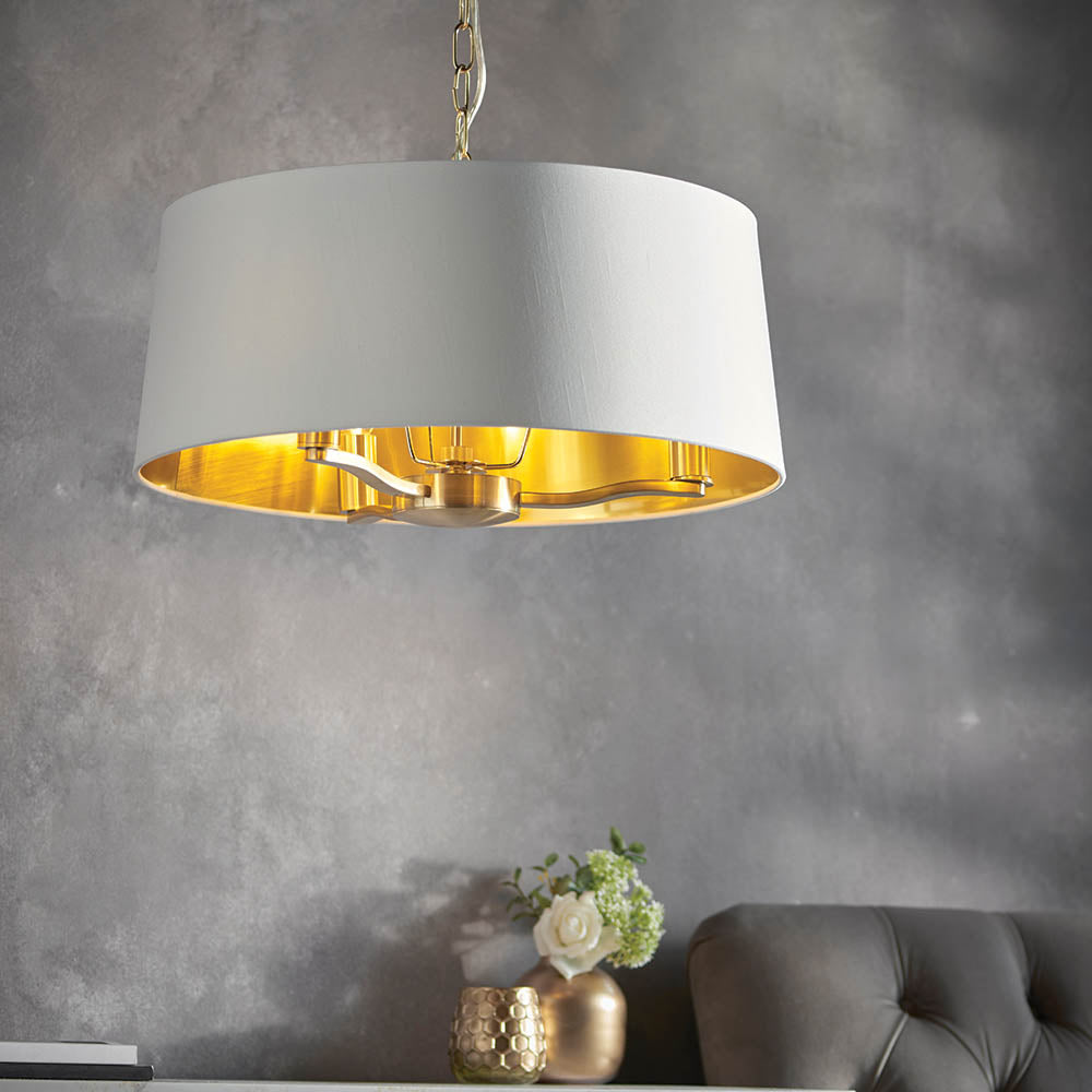 Endon Harvey 3 Light Pendant - Brushed Gold & Vintage White Faux Silk