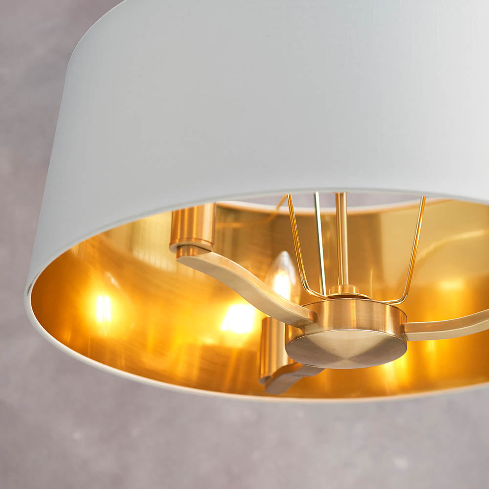 Endon Harvey 3 Light Pendant - Brushed Gold & Vintage White Faux Silk