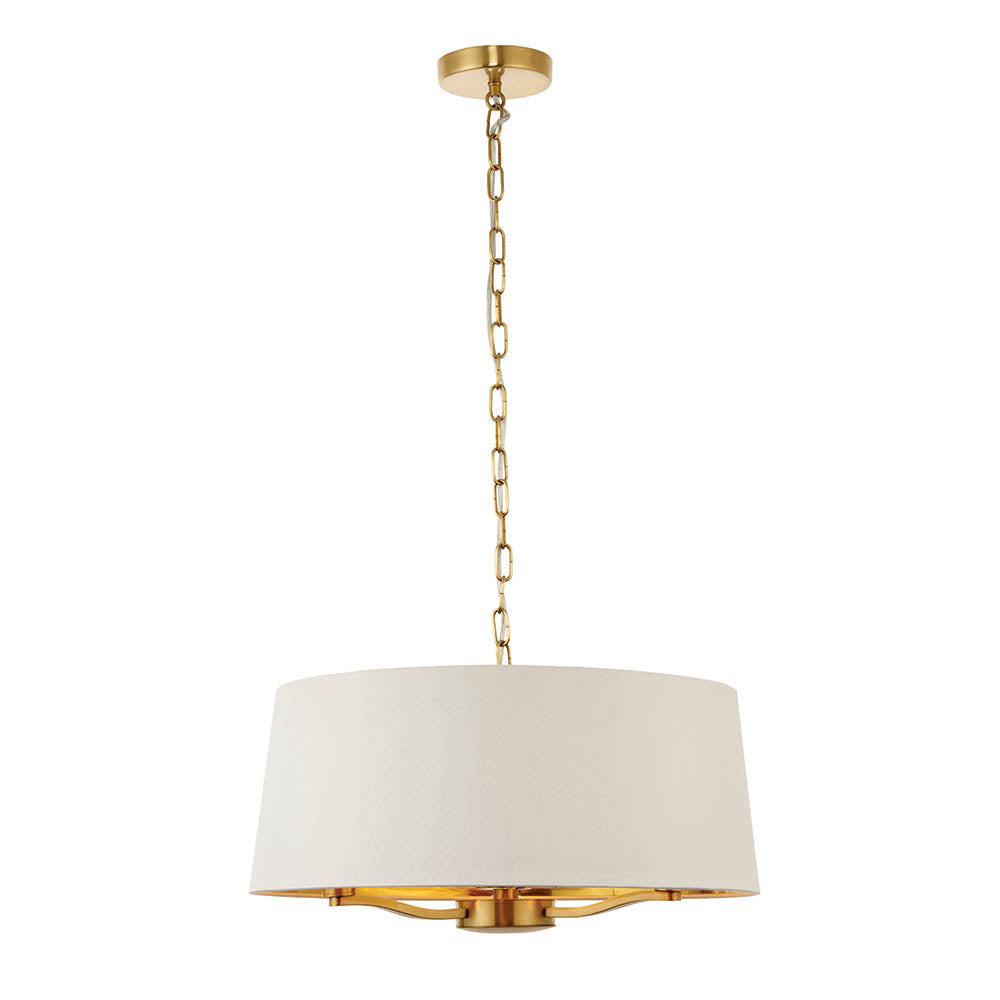 Endon Harvey 3 Light Pendant - Brushed Gold & Vintage White Faux Silk