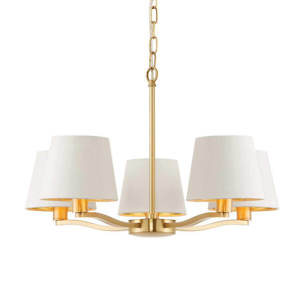 Endon Harvey 5 Light Pendant - Brushed Gold & Vintage White Faux Silk