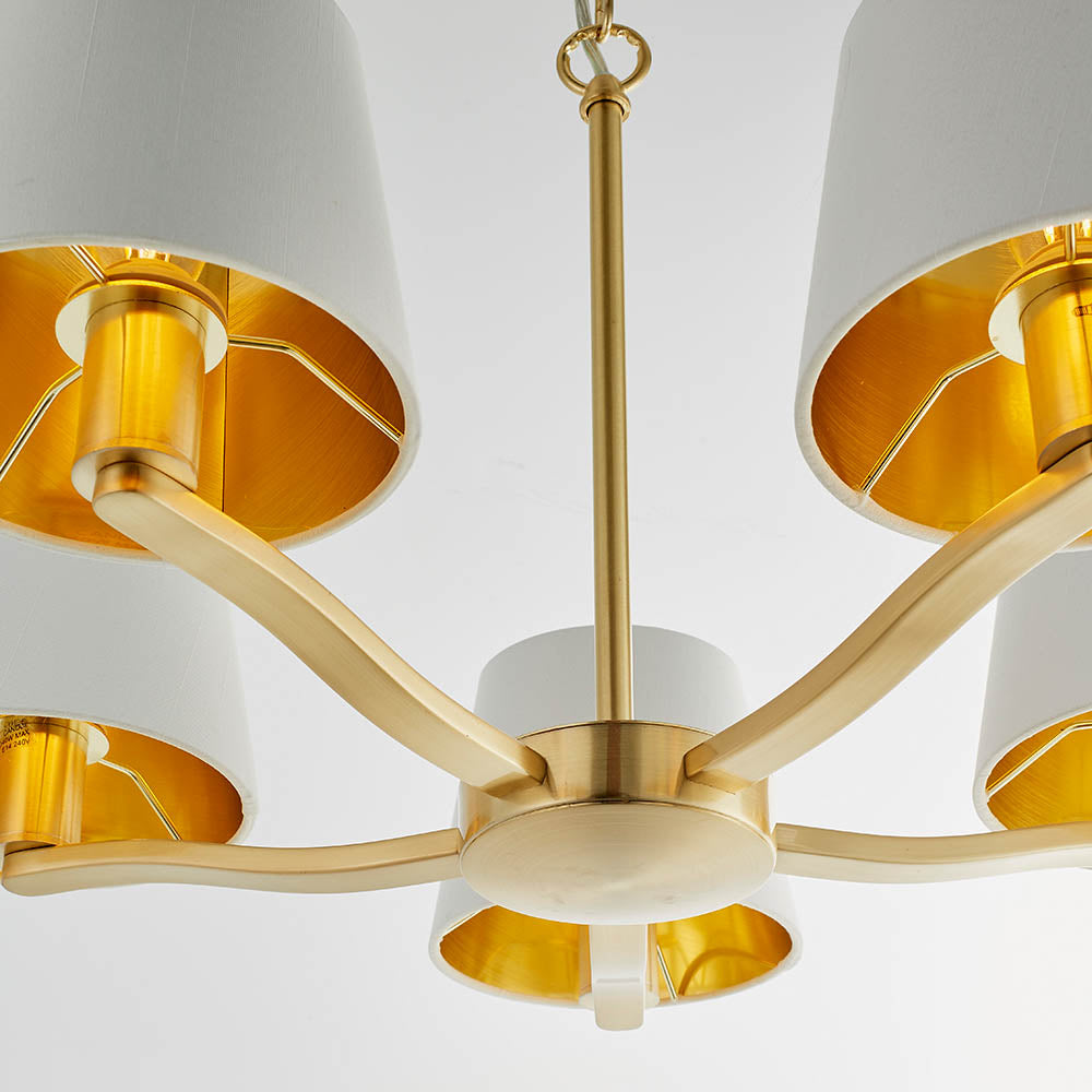 Endon Harvey 5 Light Pendant - Brushed Gold & Vintage White Faux Silk