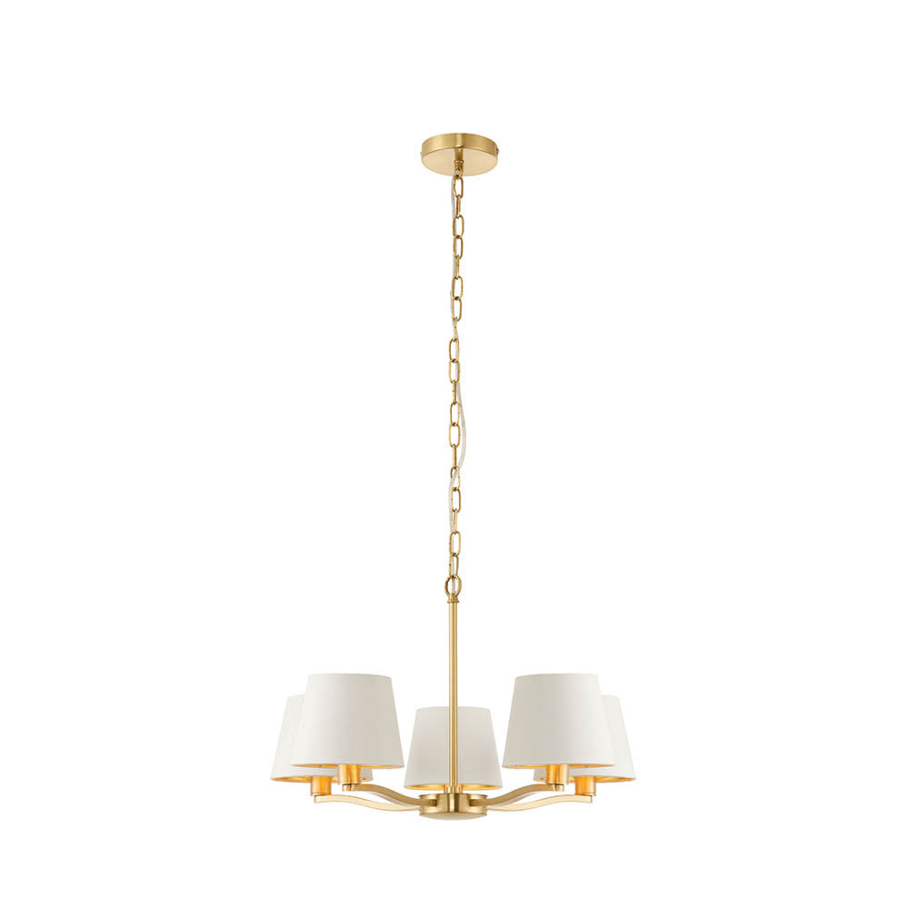 Endon Harvey 5 Light Pendant - Brushed Gold & Vintage White Faux Silk