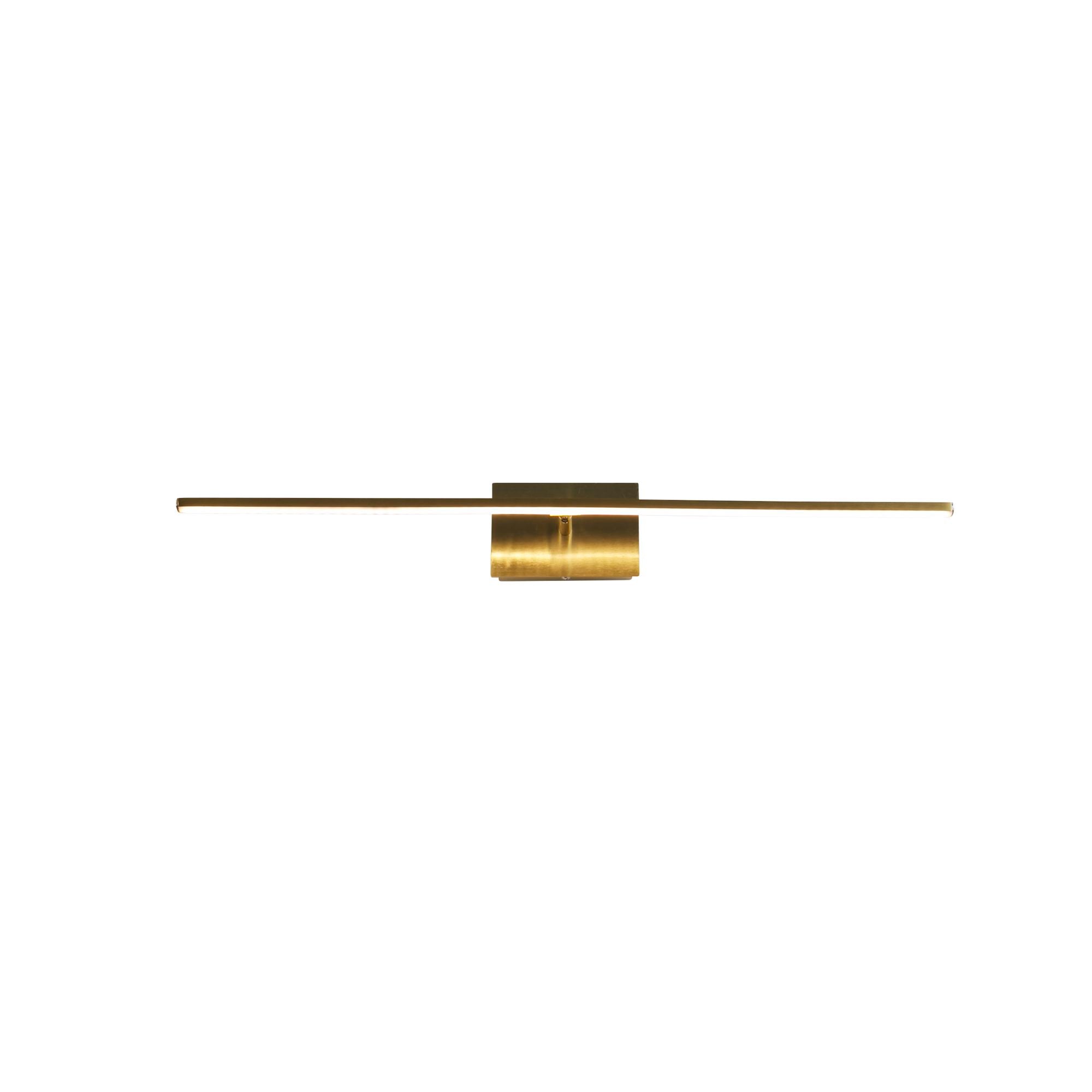 Front view of the Amalfi 41cm LED wall light in satin brass, showing the illuminated LED strip and the square backplate with the spotlight tucked beneath