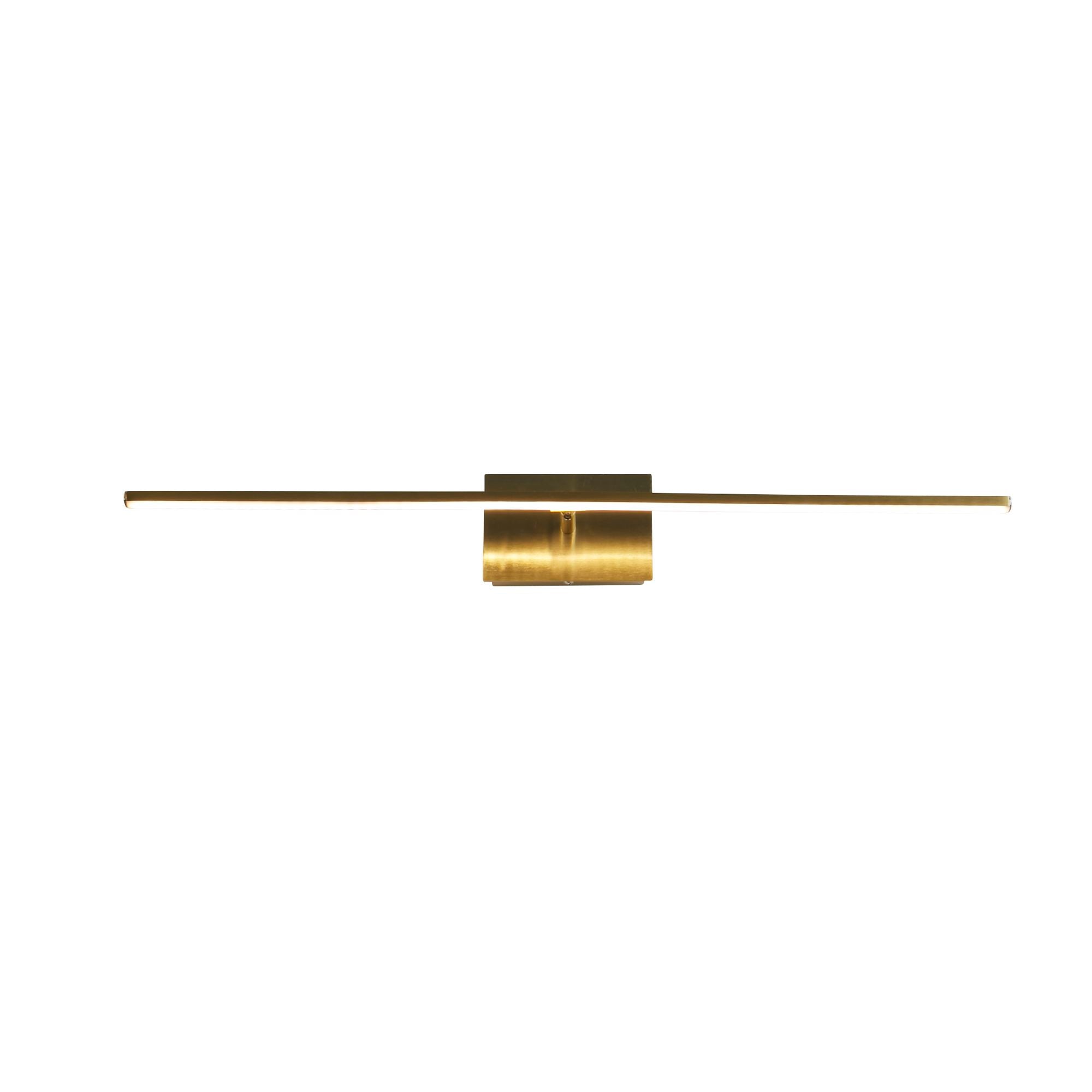 Front view of the Amalfi 61cm LED wall light in satin brass, showing the illuminated LED strip and the square backplate with the spotlight tucked beneath