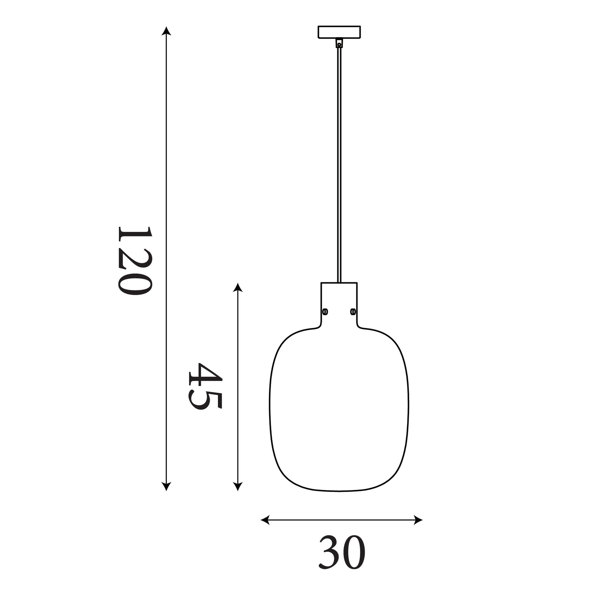 Technical line drawing of the Searchlight Barrel pendant showing a 30cm shade width, 45cm shade height and 120cm maximum drop