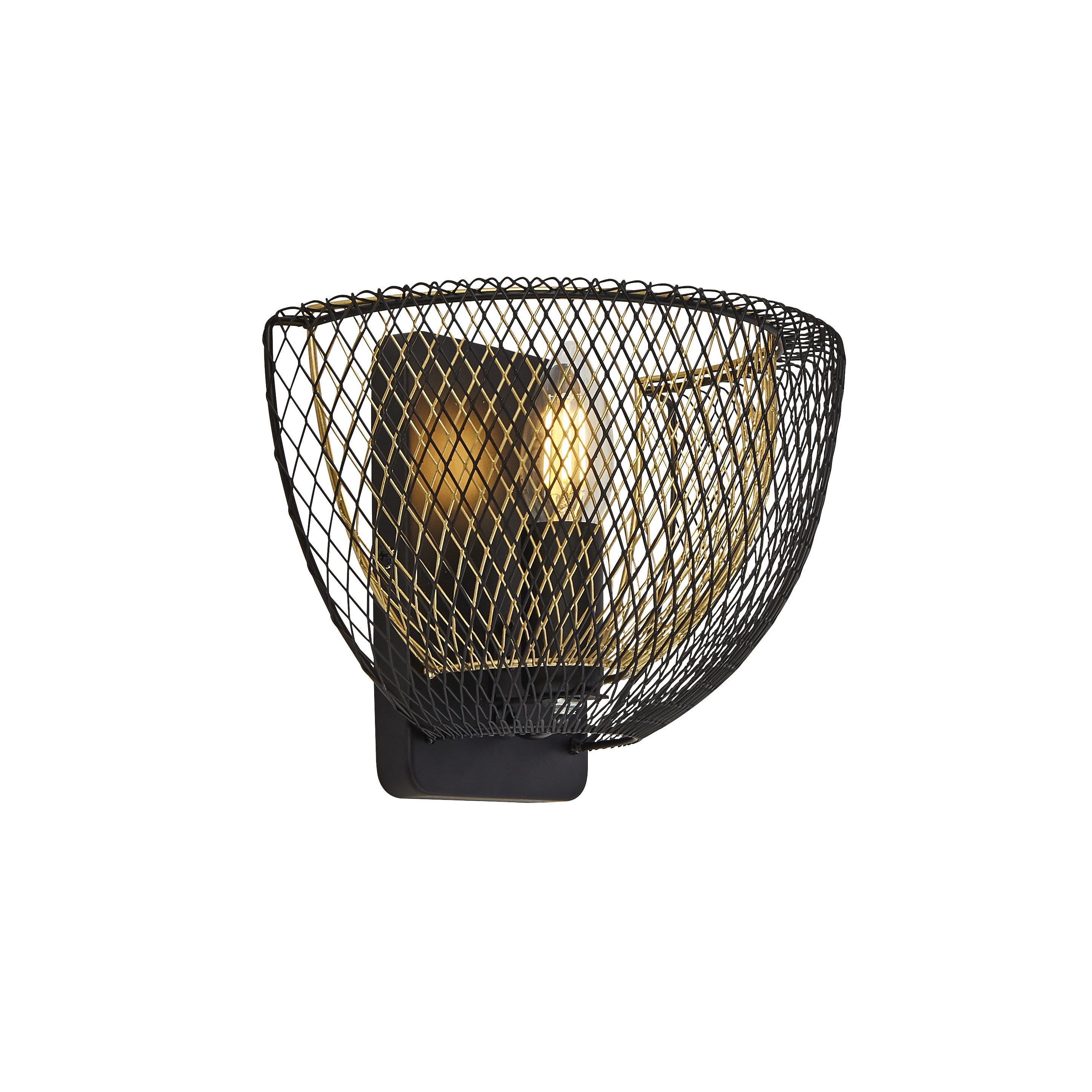 Searchlight Honeycomb wall light in black and gold mesh, studio shot on a white background showing the scoop shaped shade