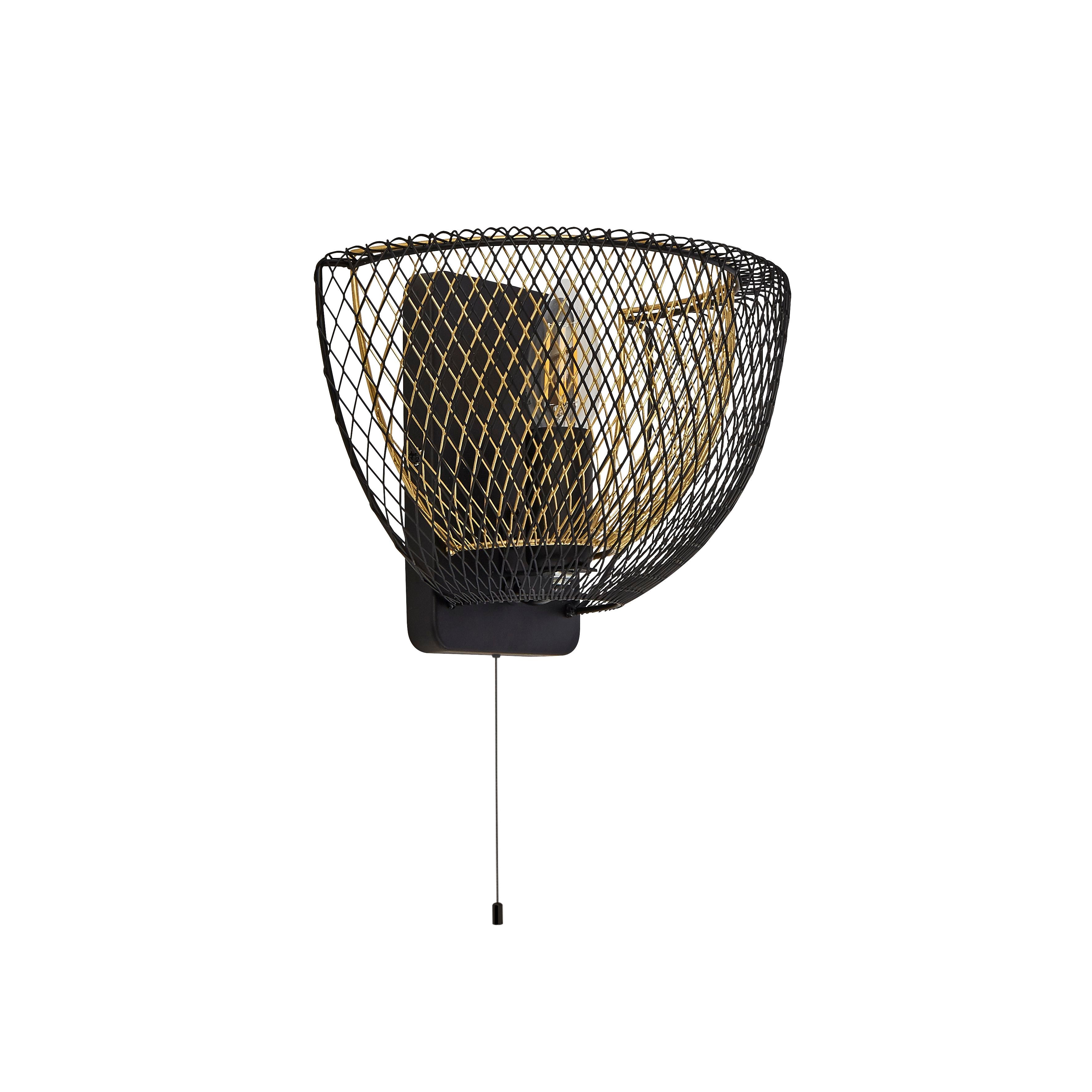 Honeycomb wall light from a front facing angle, showing the pull cord switch hanging beneath the mesh shade
