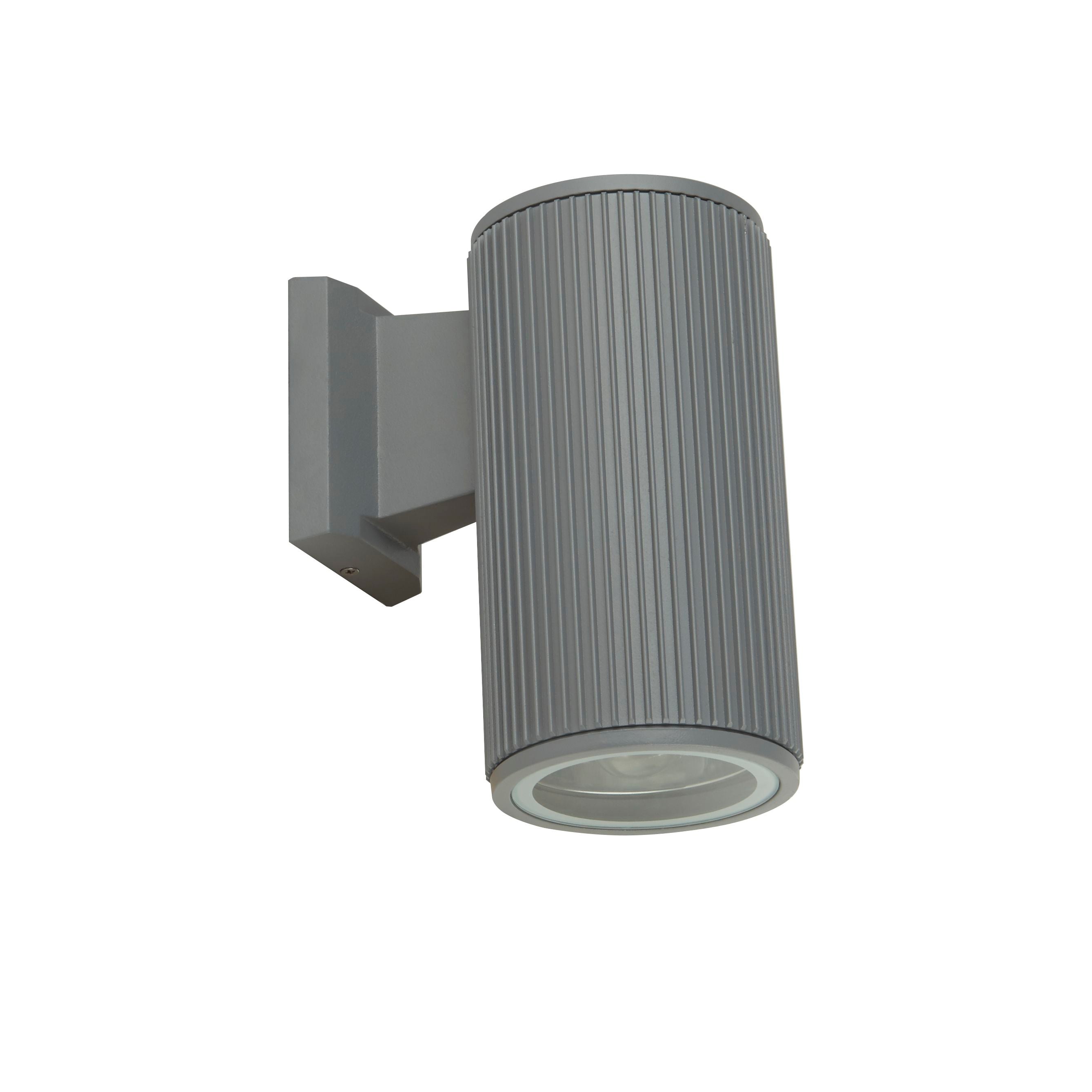 Hamburg Outdoor Wall Light in grey, alternate front angle showing the fluted body, wall bracket and lit glass diffuser at the base.