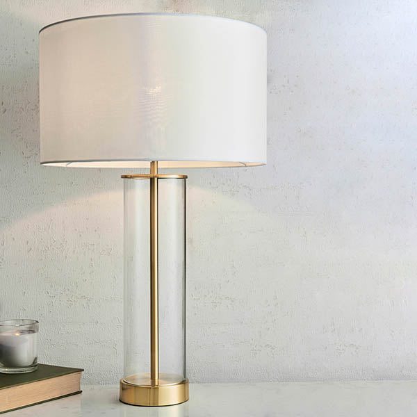 Endon Lessina Single Light Table Lamp - Satin Brass Plate & Vintage White Fabric