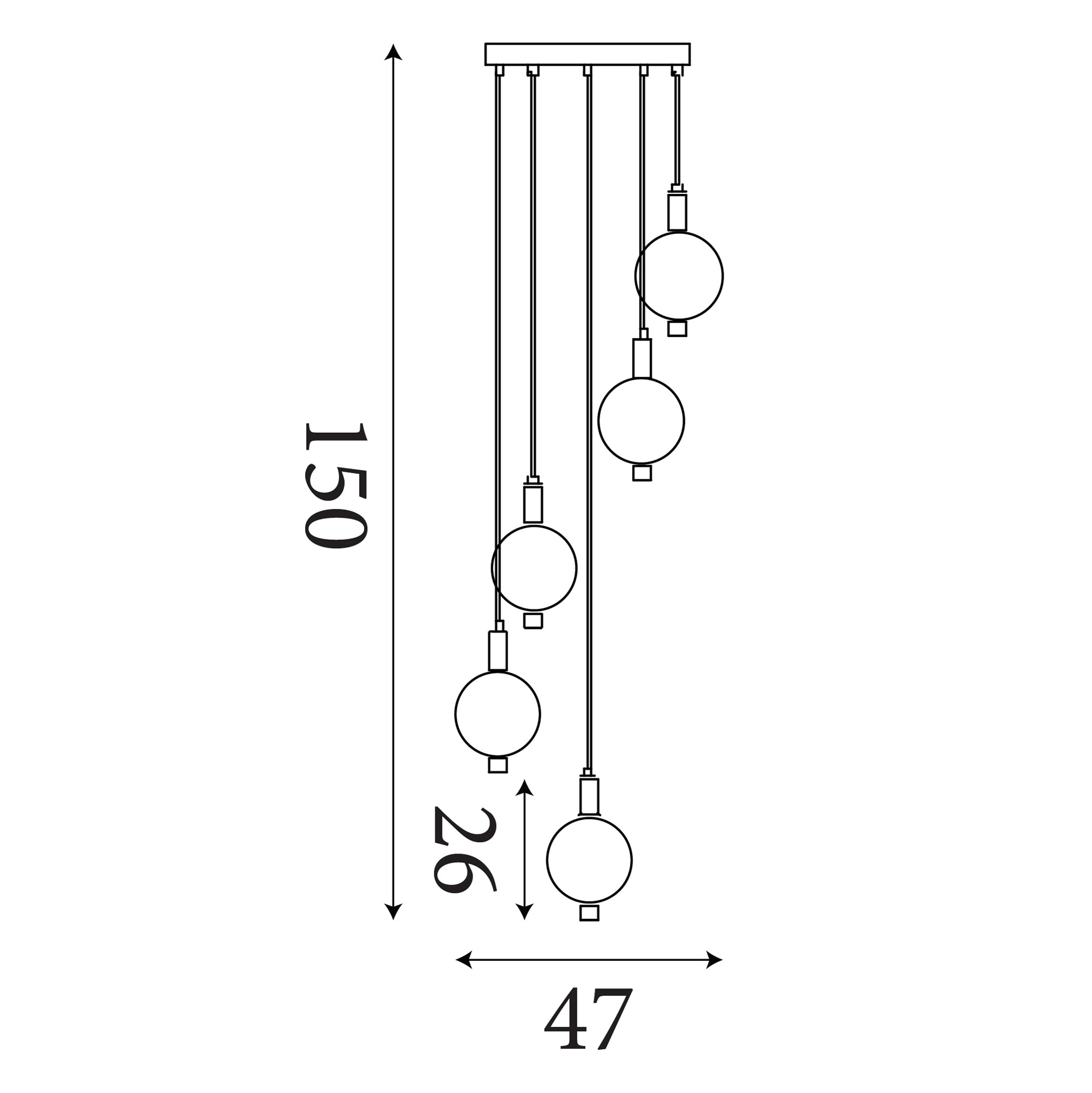 Technical line drawing of the Searchlight Luminique LED 5 light pendant showing a maximum drop of 150cm, globe diameter of 26cm and a 47cm spread