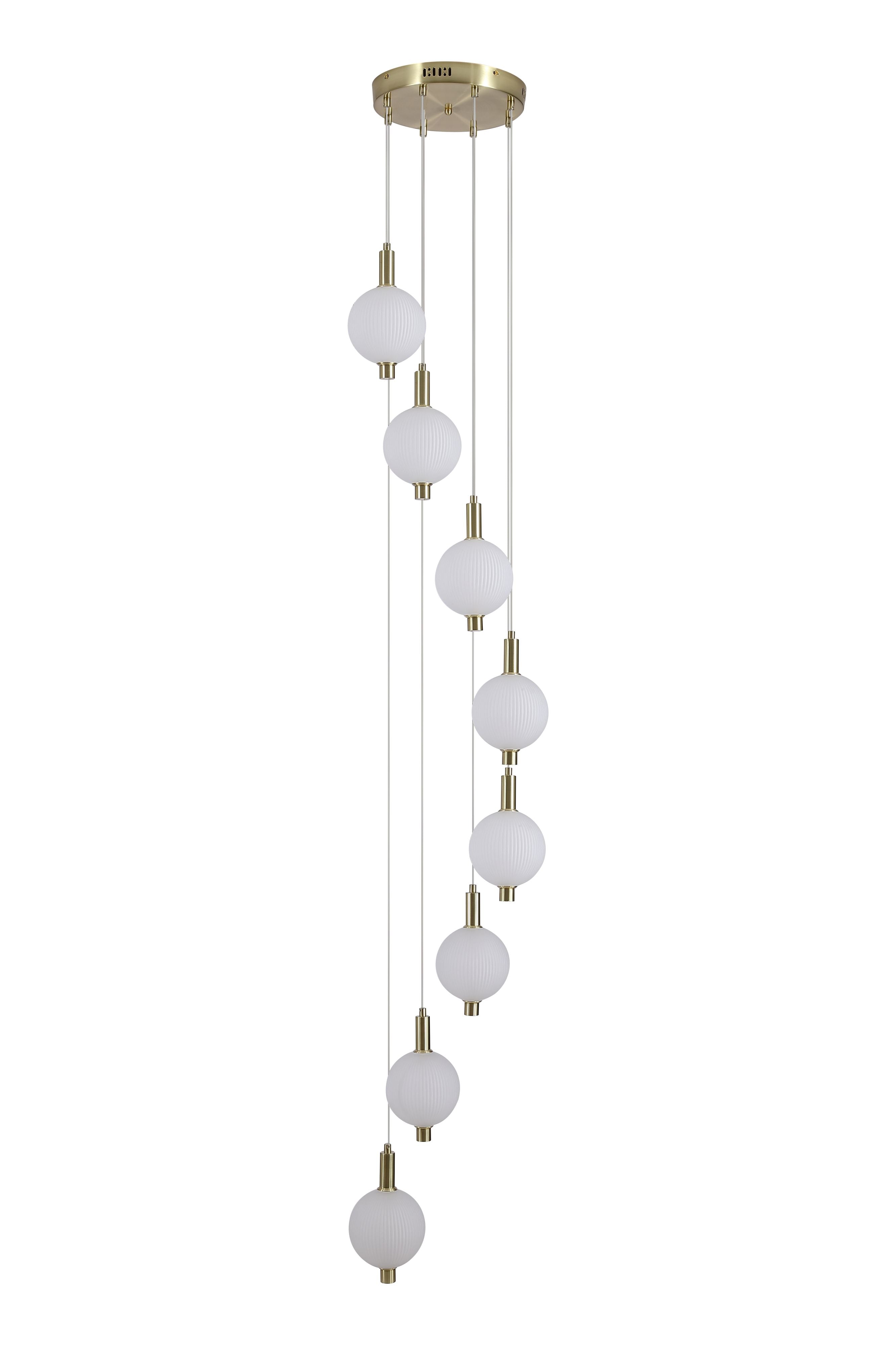Searchlight Luminique LED 8 Light Pendant in satin brass on a white background, alternate view of the eight cascading ribbed glass globes