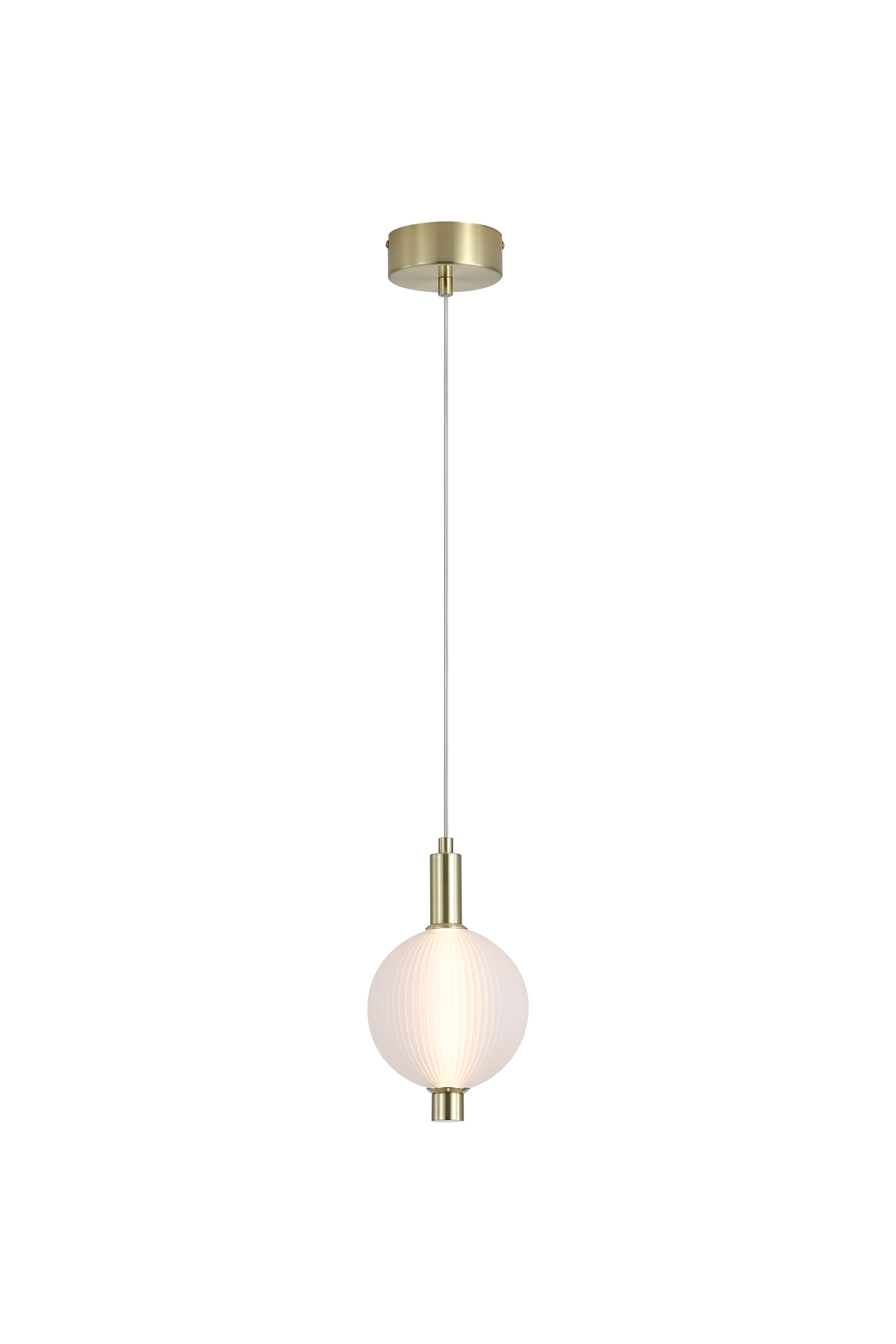 Searchlight Luminique LED Pendant in satin brass on a white background, full length view showing the ceiling rose, cable and lit ribbed glass globe