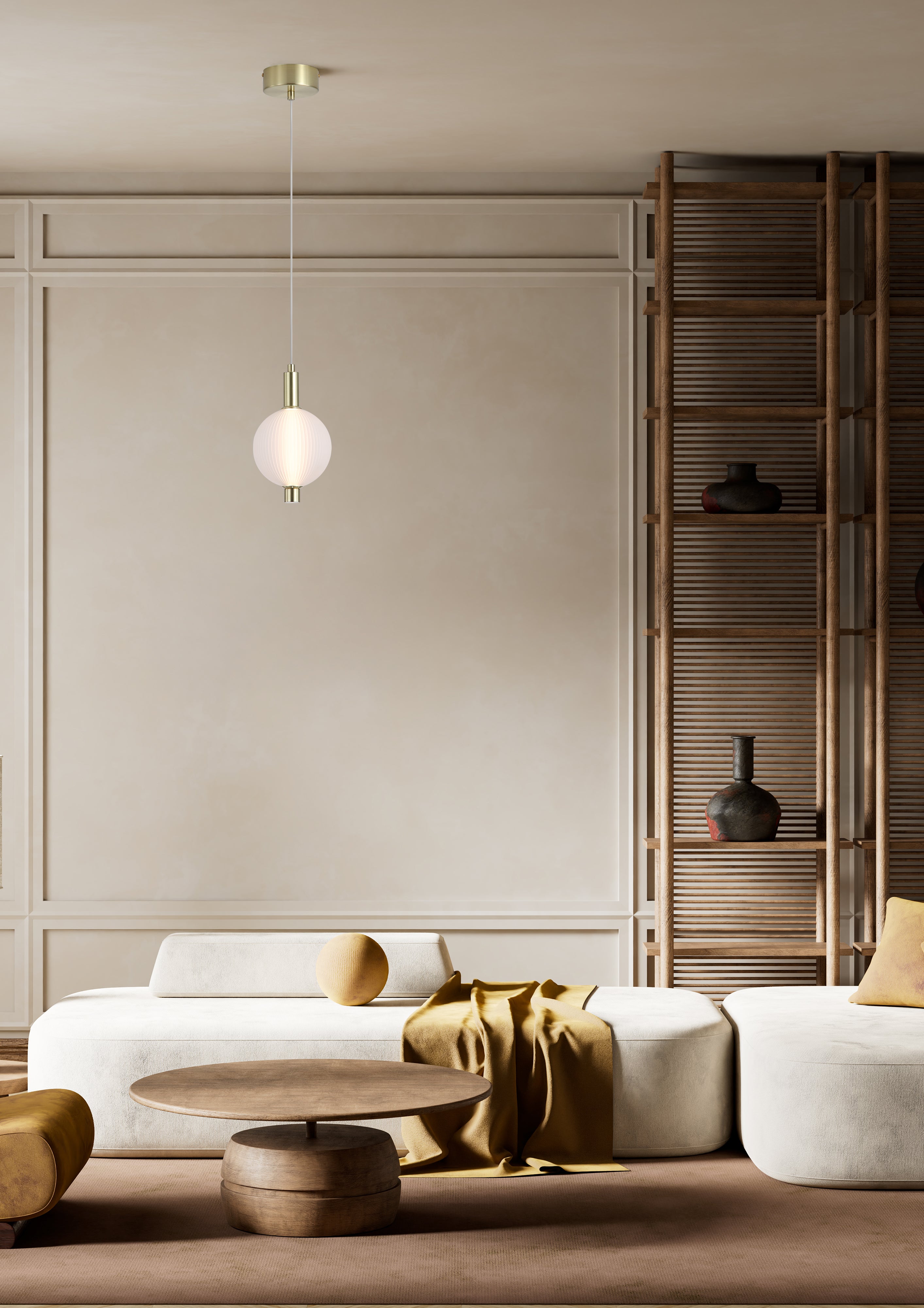 Searchlight Luminique LED Pendant in satin brass hanging above a bookshelf in a warm toned living room, ribbed glass globe lit