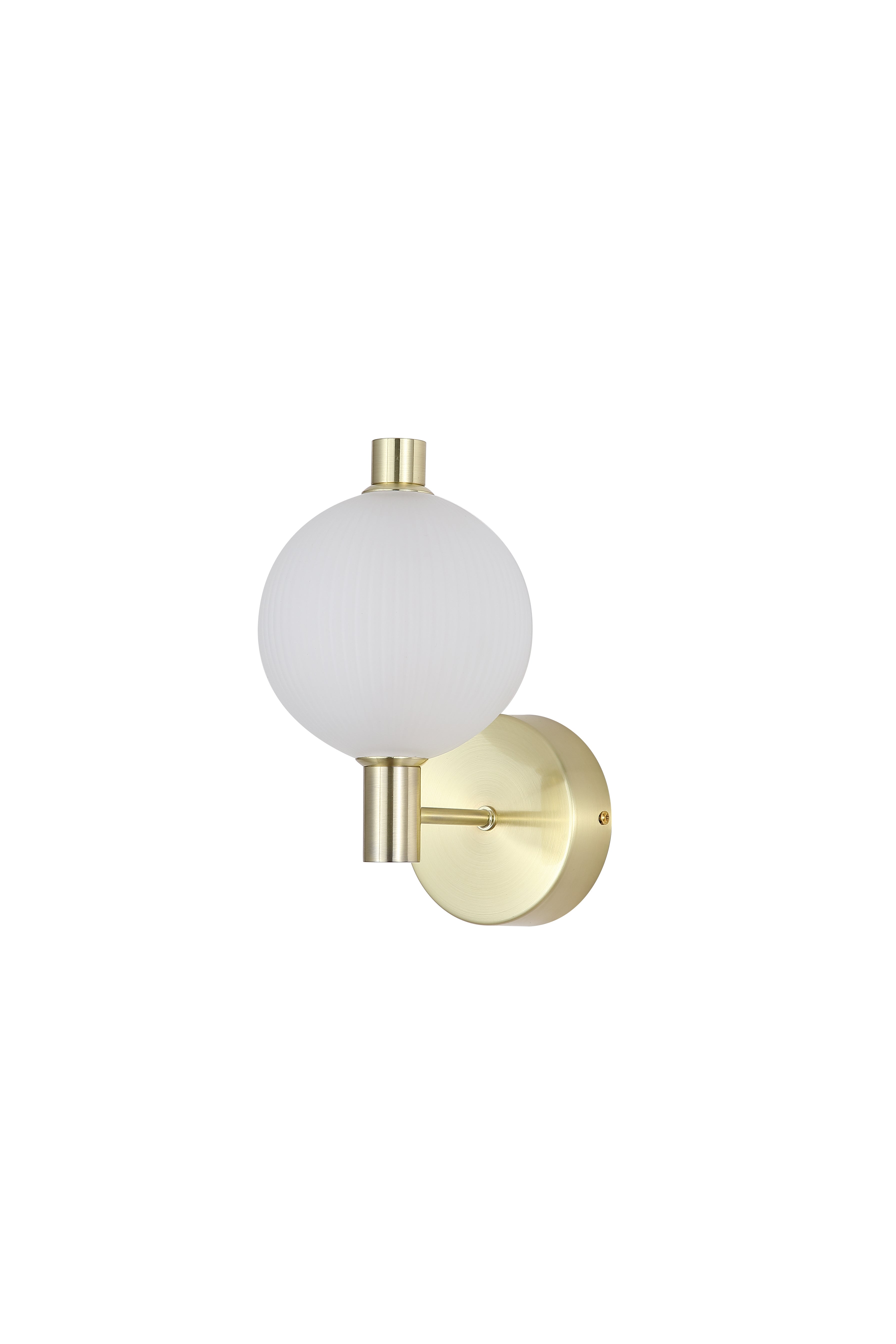 Searchlight Luminique LED Wall Light in satin brass on a white background, full fitting with ribbed glass globe and circular backplate