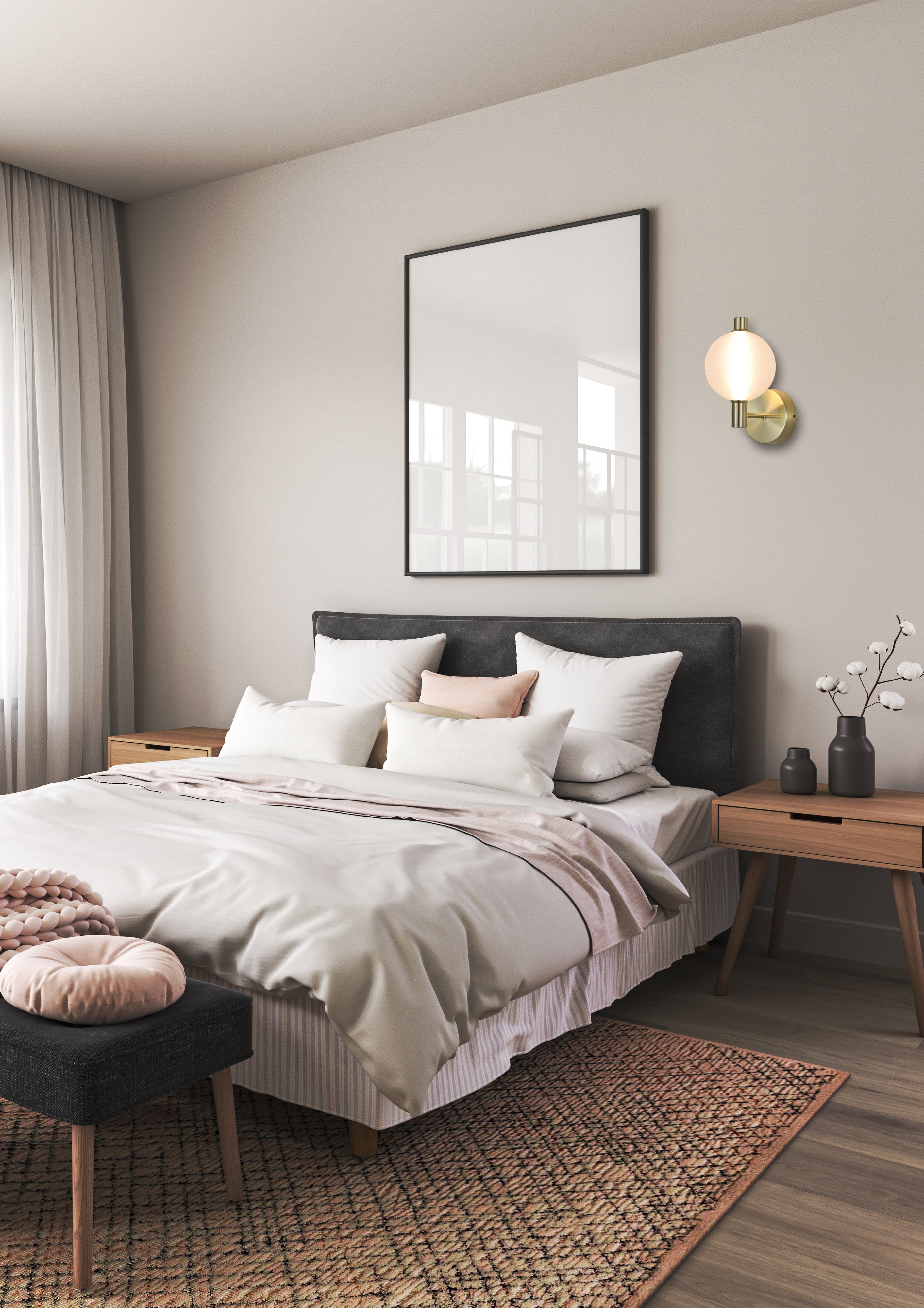 Searchlight Luminique LED Wall Light in satin brass mounted above a bedside table beside a large mirror in a bedroom